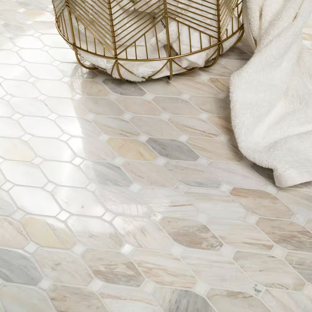 Angora Elongated Octagon 12 In. X 13 In. X 0.38 In. Polished Marble Mesh-Mounted