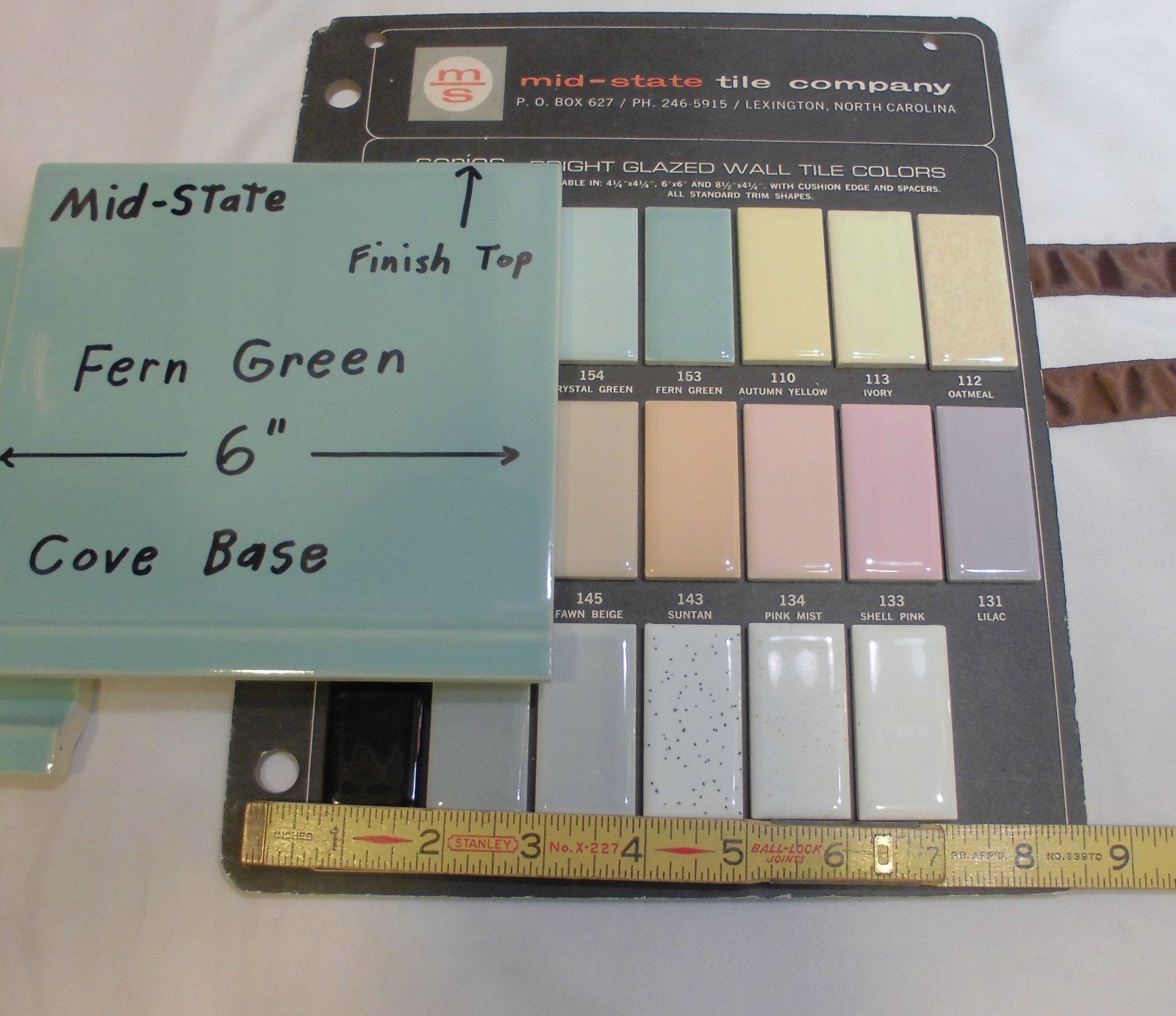 1 pc. Vintage Glossy *Fern Green* 6” X 6” Ceramic Cove Base Tile by MID-STATE