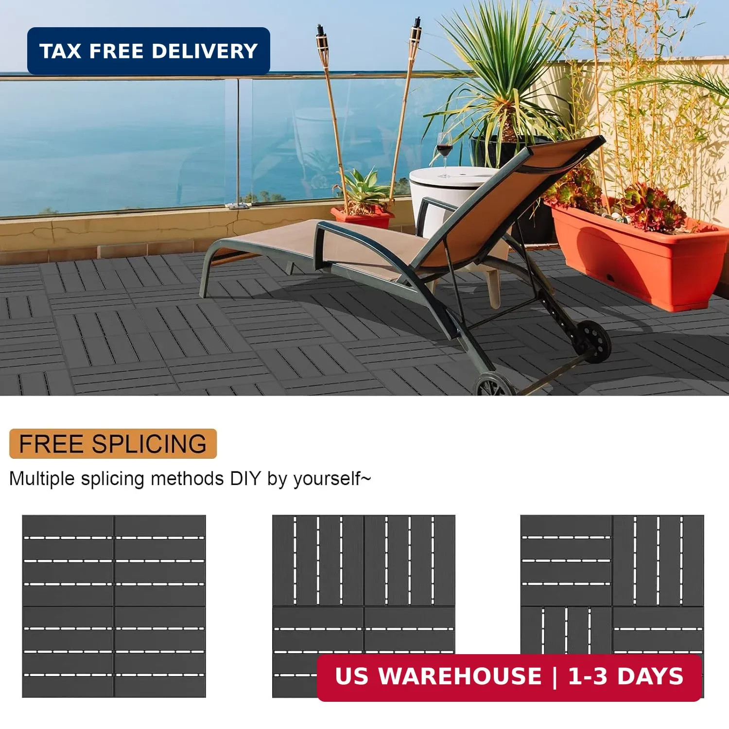 Goovilla Plastic Interlocking Deck Tiles, 9 Pack , 12″x12″ Waterproof Outdoor Fl