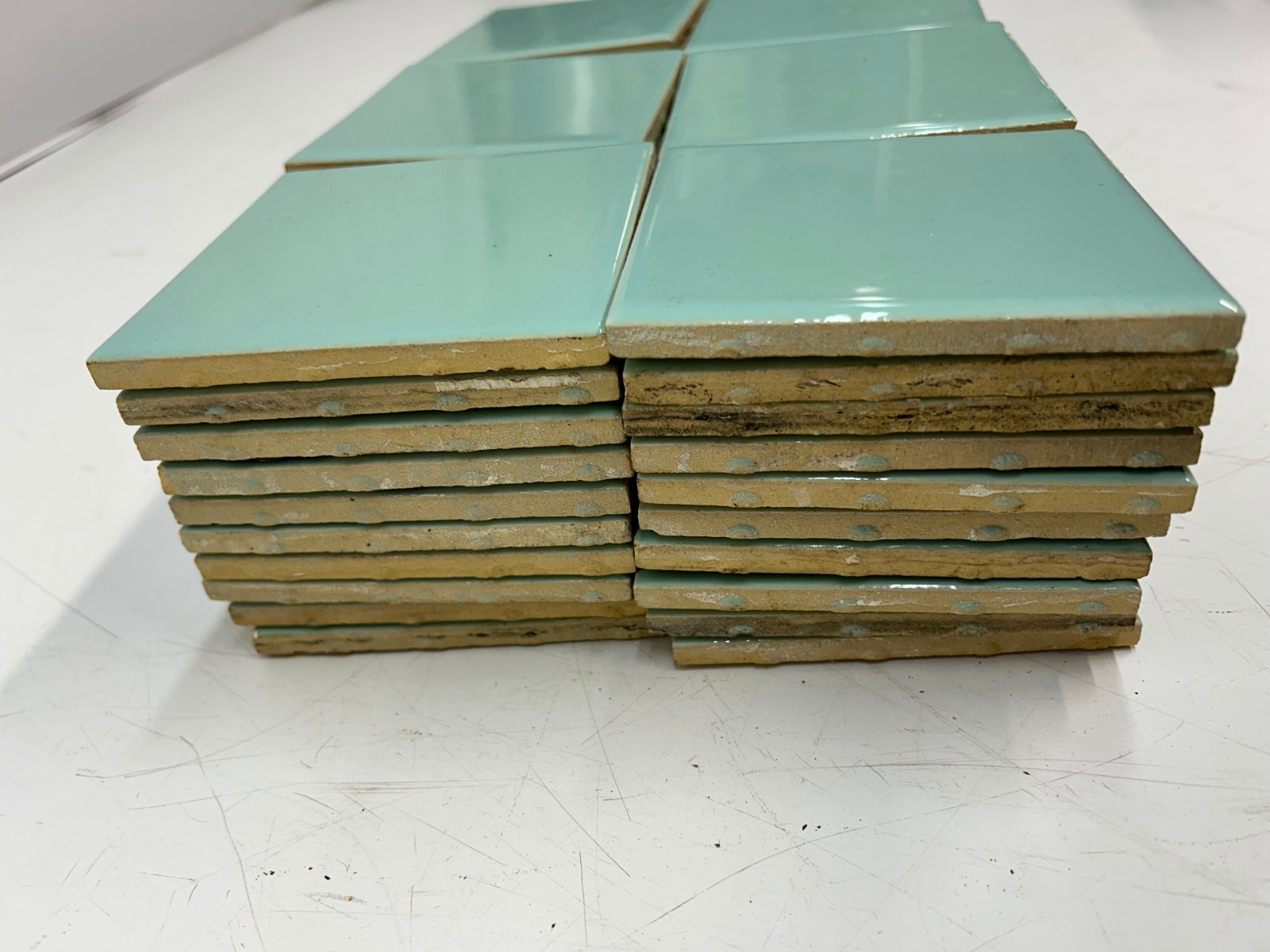 60 Vtg USQTCO Romany Ceramic Tile Blue Green MCM 4.25″ Tiles Kitchen Bath Used B