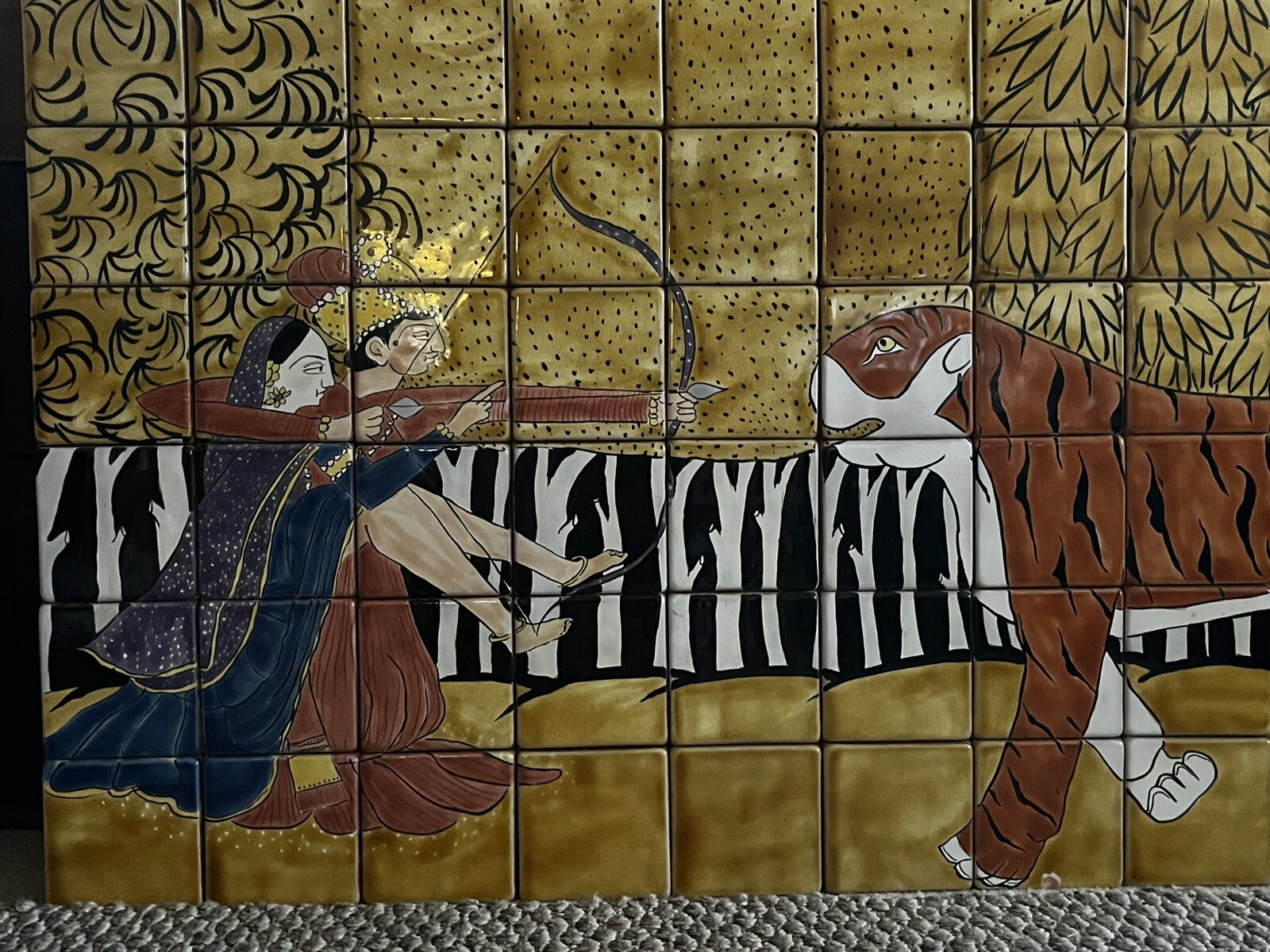 Vintage MUGHAL INDIAN Art Tile MURAL 32″ X 24″ TIGER Hunting