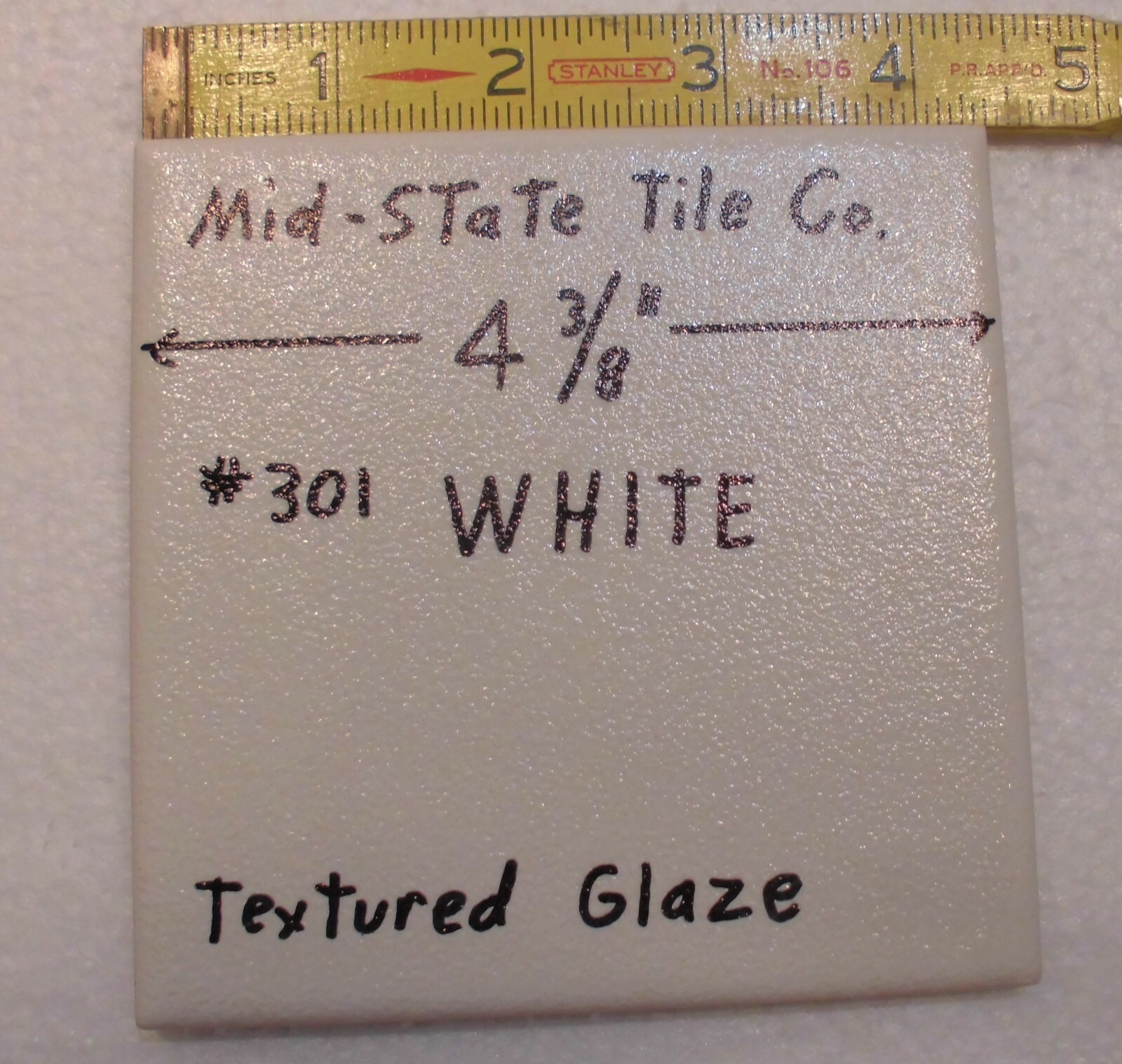 1 pc. Vintage *White Crystal Glaze* Ceramic Tile 4-3/8″ by Mid-State Co. NOS