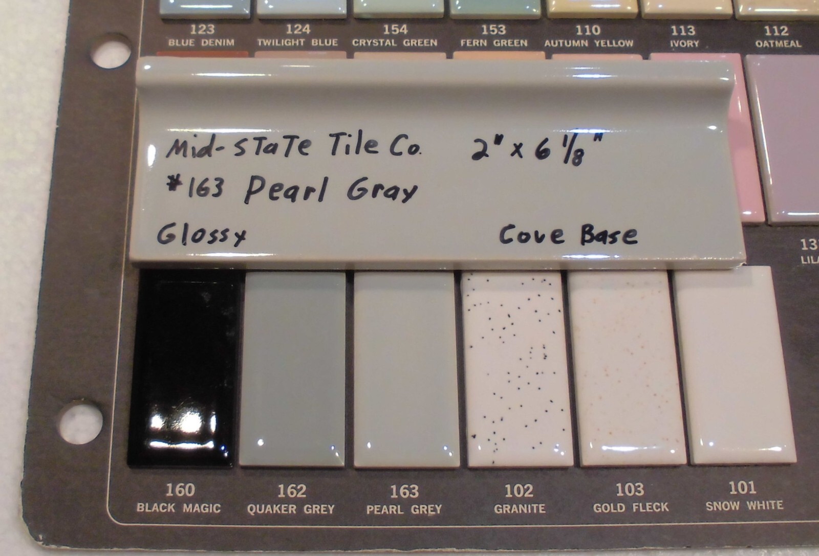 1 pc. Pearl Gray: 2” X 6-1/8” Glossy Ceramic Cove Base Tile, Flat Top, NOS