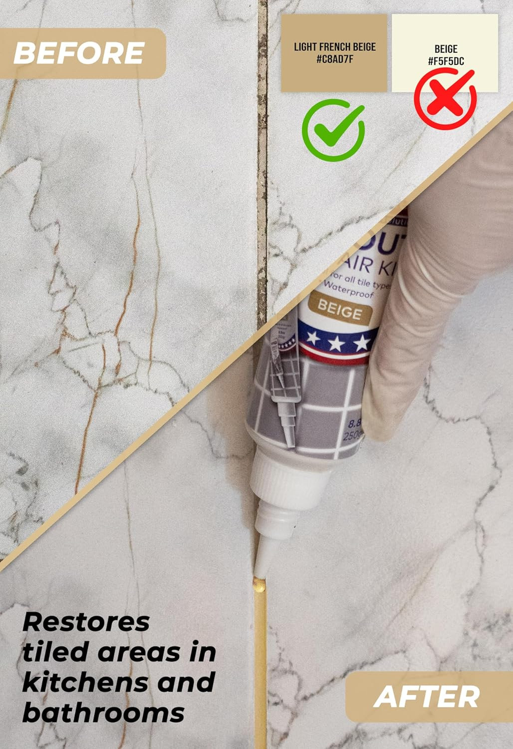 Tile Grout Repair, Beige 8.8 Oz/250Gr. Fast Drying Grout Repair Kit, Grout Fille