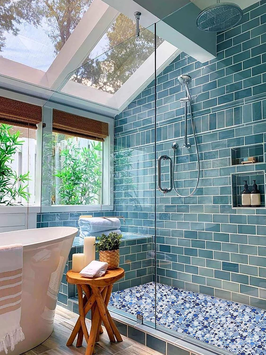 Blue Shower Floor Pebbles Tile Bathroom Mosaic Backsplash Wall Tiles (5 Sheets)