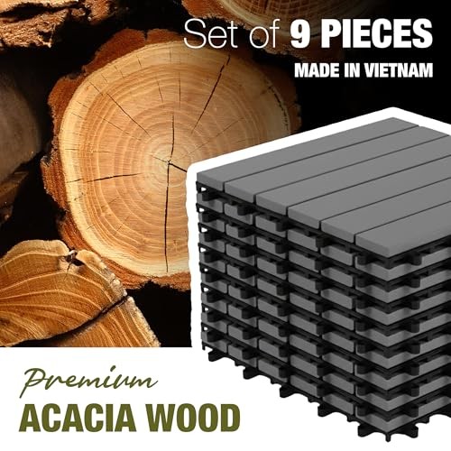 Premium Acacia Wood Interlocking Deck Tiles, 9 PCS 12″x12″x0.9″ Gray – Striped