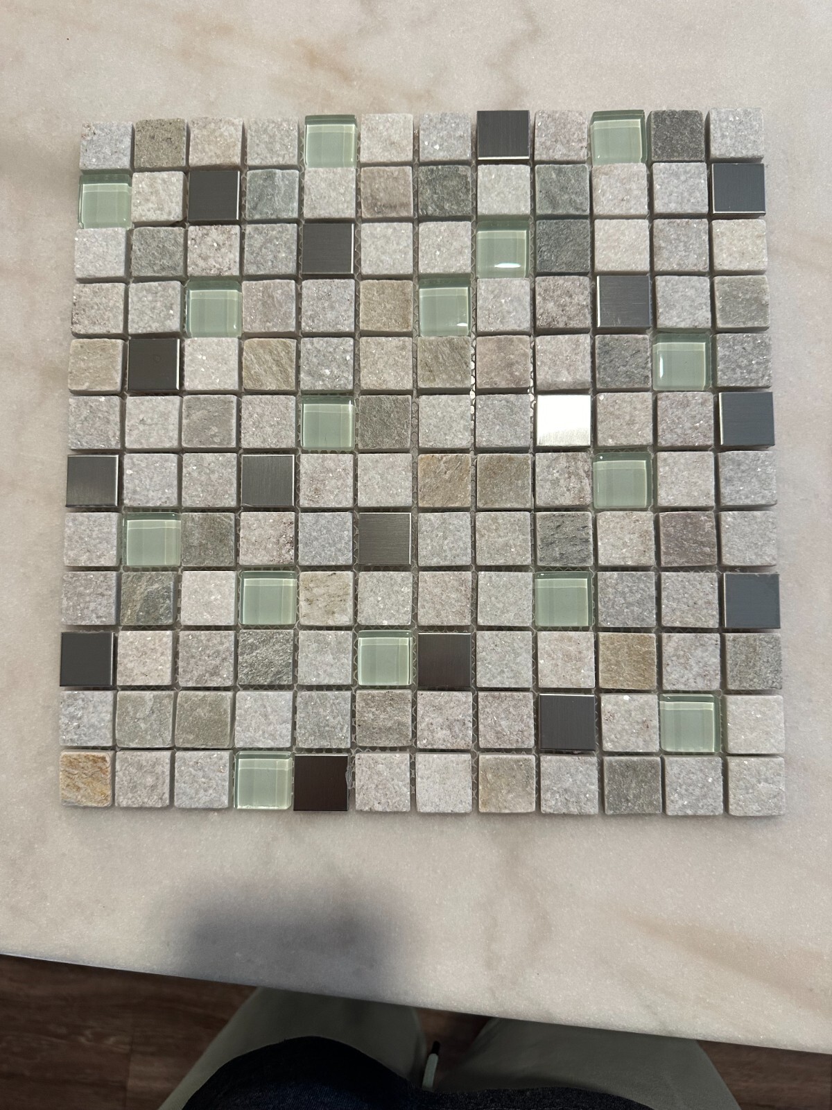 1″x1″ Stone, Metallic, and Glass Mix Mosaic Stacked Meshed Mounted