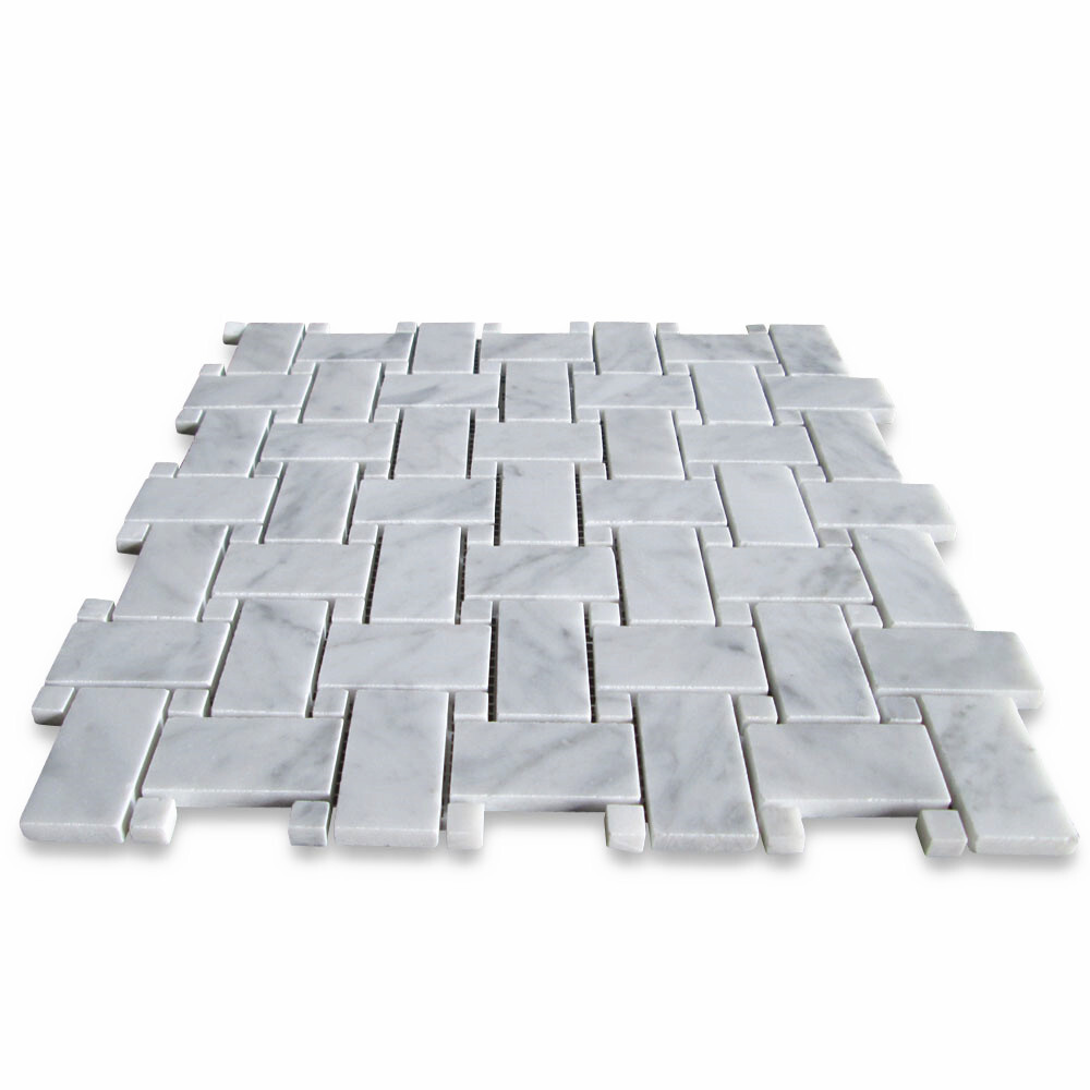 C650XP Carrara White Marble Basketweave Mosaic Tile White Dots Polished 1×2