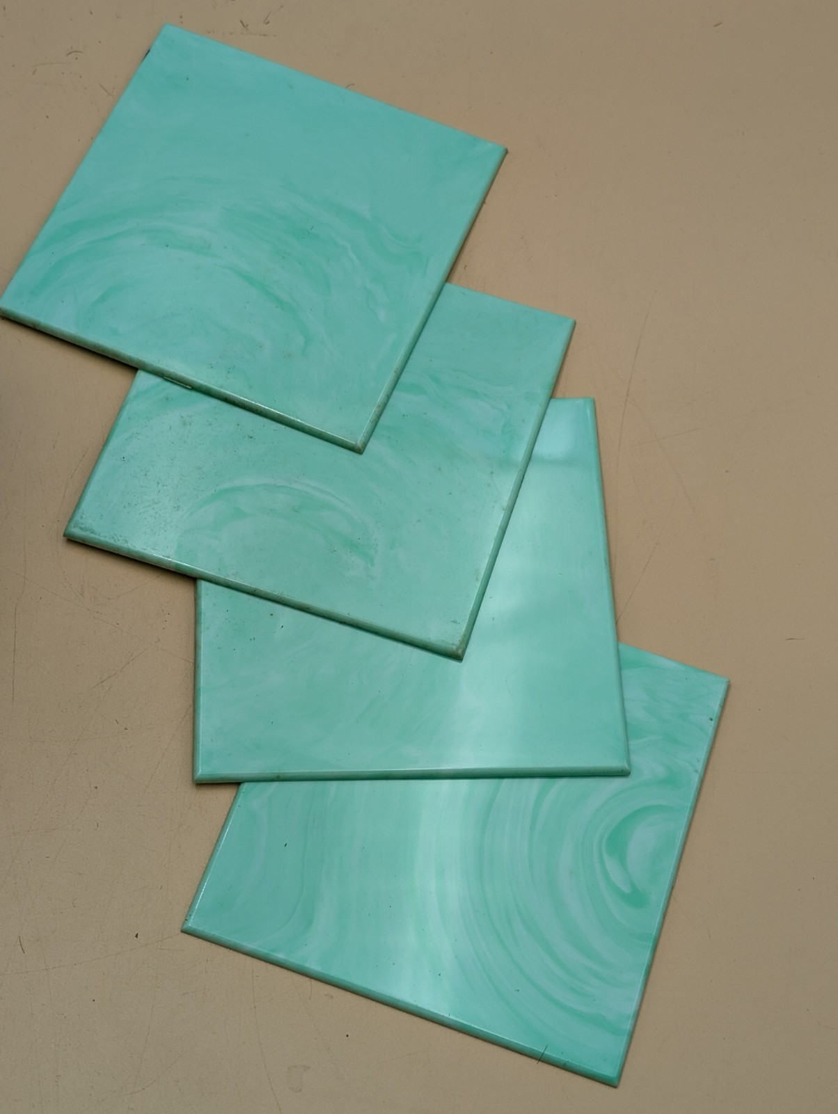 4-VINTAGE PLASTIC TILES MINT GREEN marble 4 1/4″ POLYSTYRENE Bathroom Wall