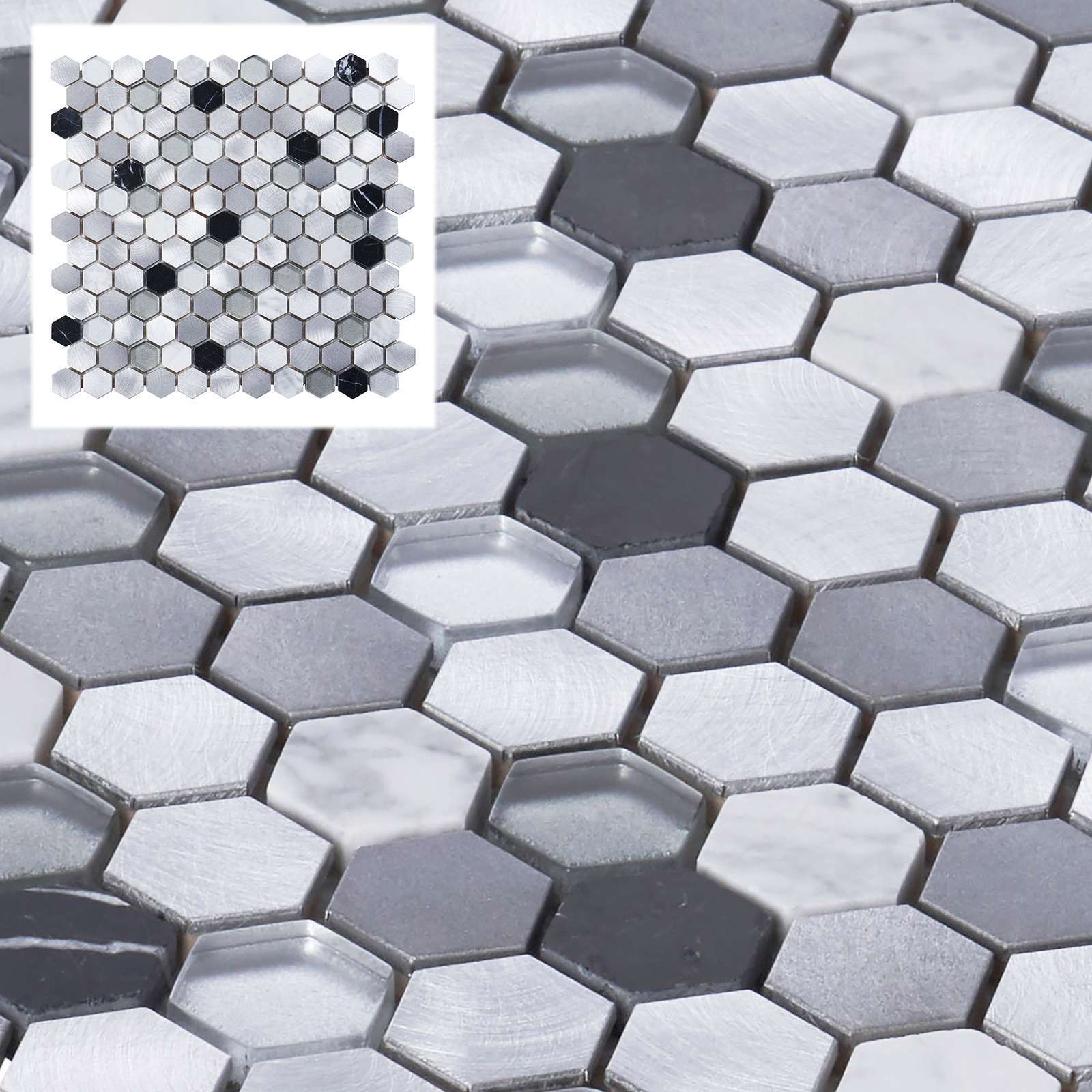 White Calacatta Black Marble Gray Glass Metal 1″ Hexagon Mosaic Tile Backsplash