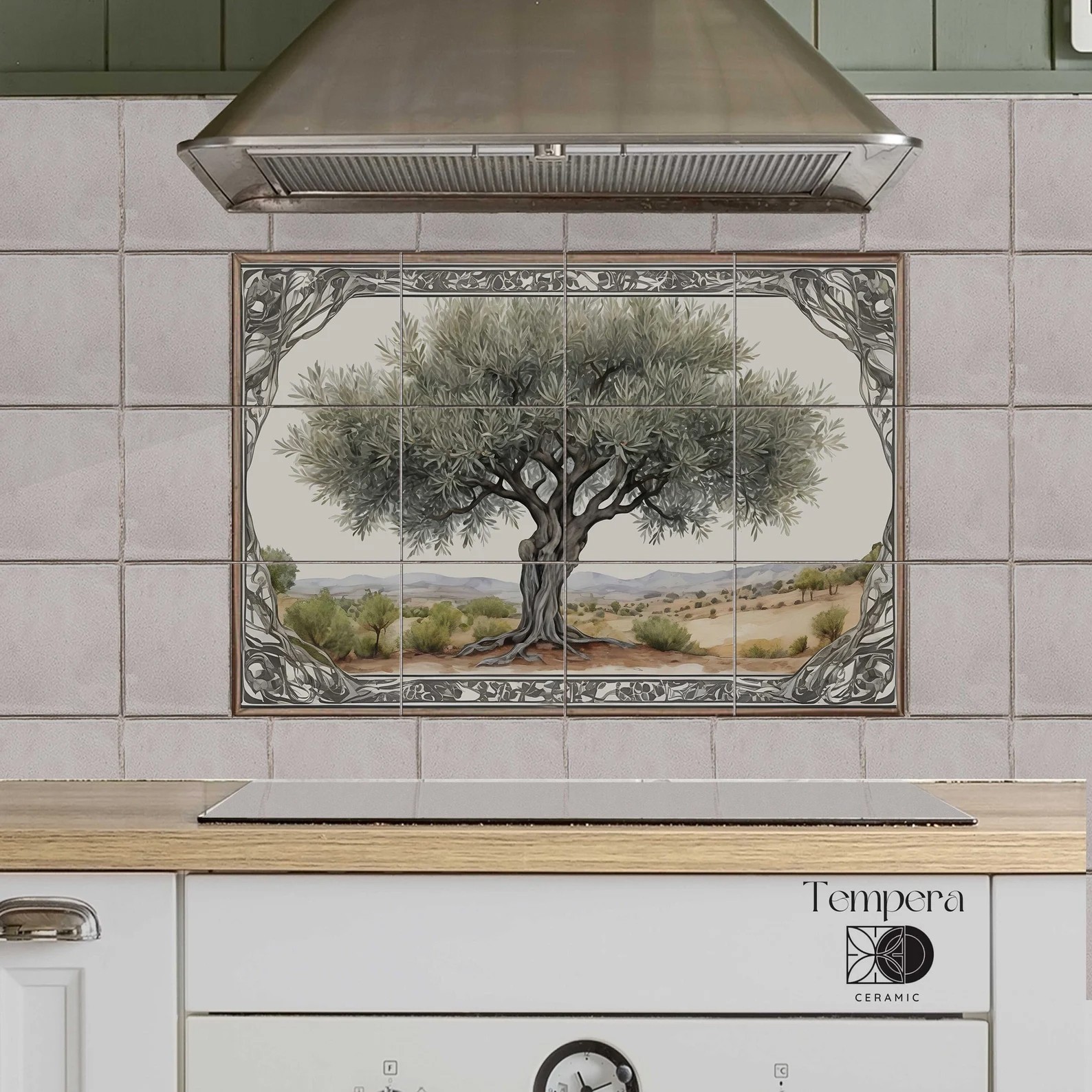 Mediterranean olive tree tiles backsplash, kitchen tile tree design, stove tiles