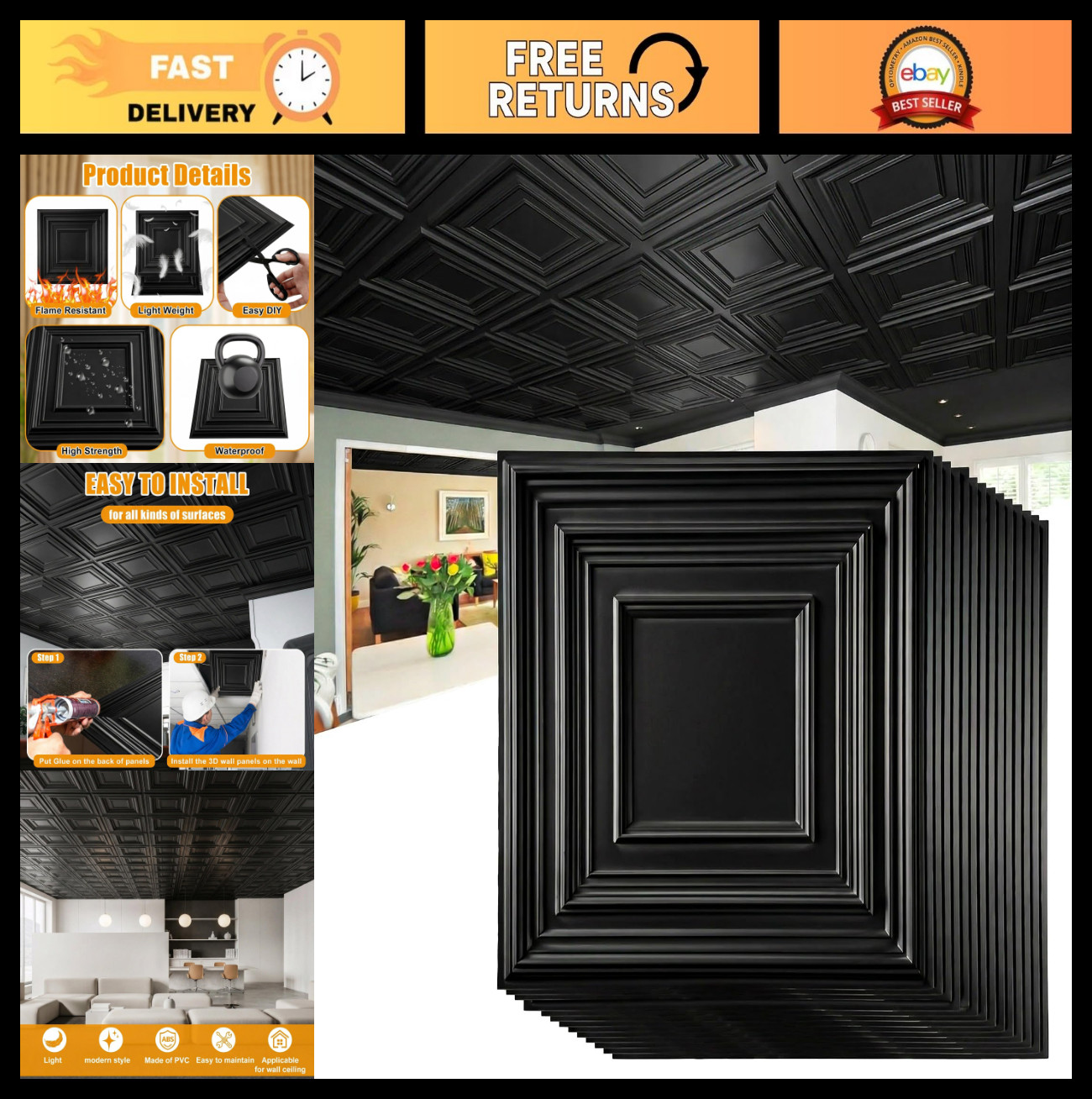 60 Pcs 12×12 Inch PVC Drop Ceiling Tiles – Cuttable, Paintable 3D Wall Panels –