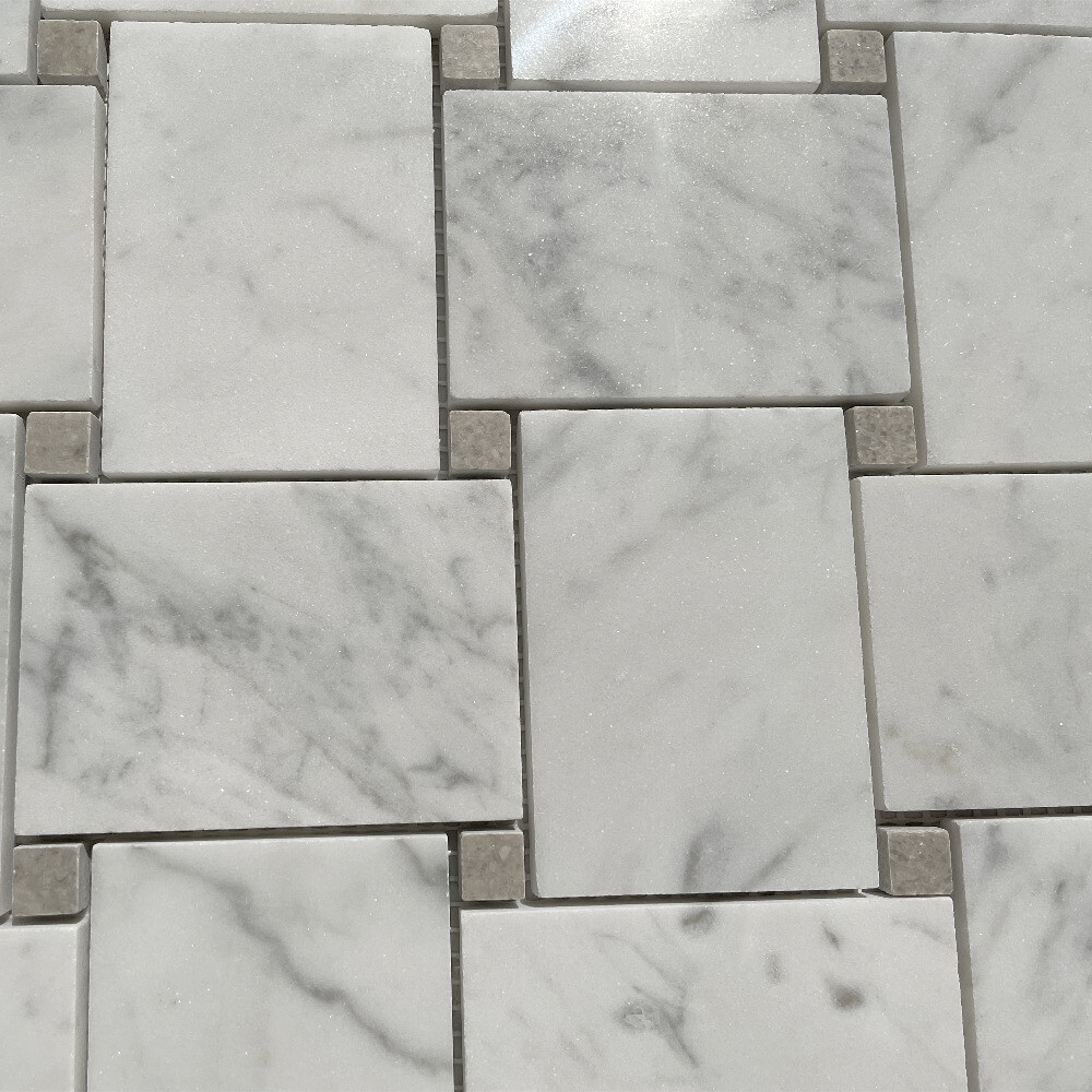 C663XP Wide Basketweave Mosaic White Carrara Marble Tile Gray Dots Polished