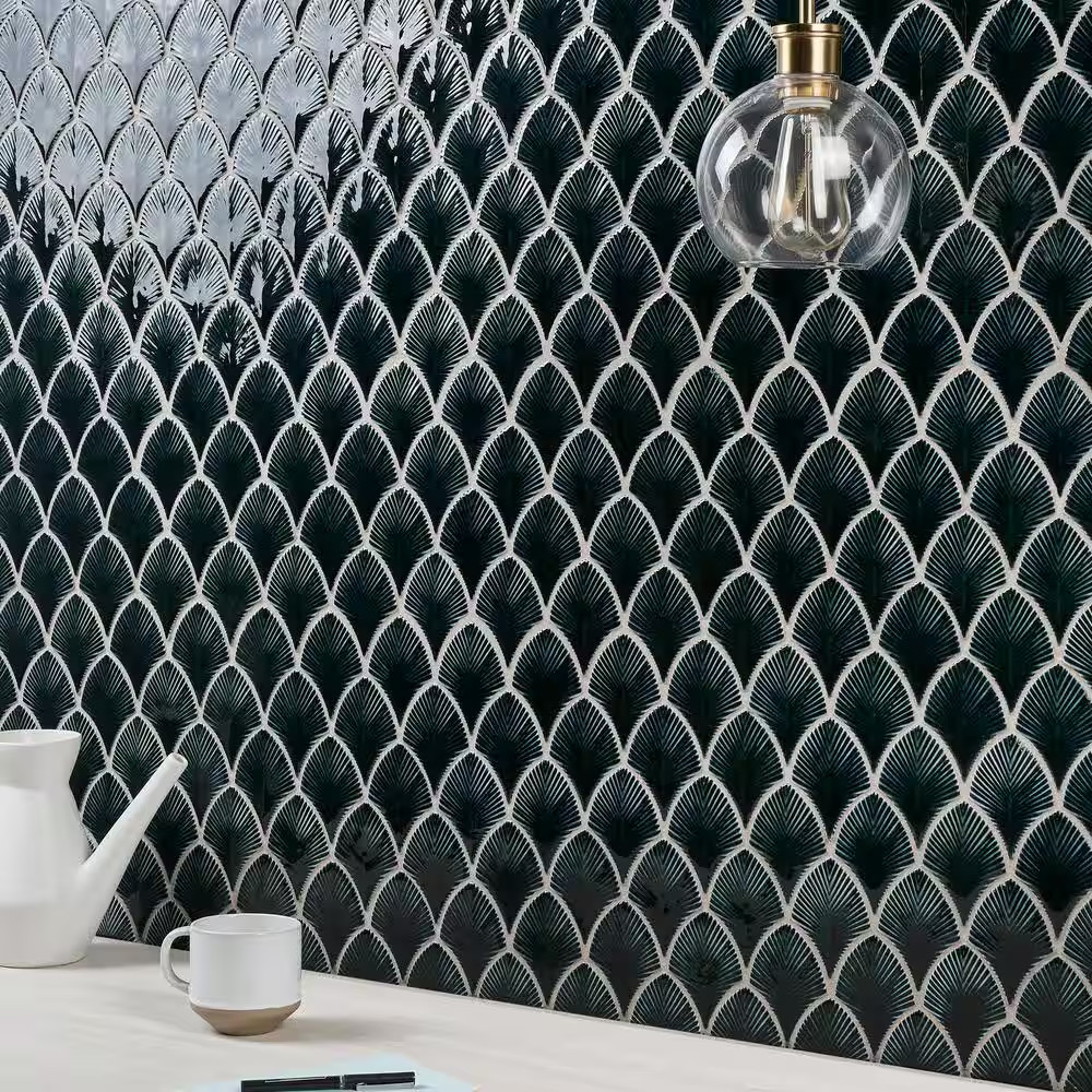 Delphi Midnight Blue 9.05 In. X 12.79 In. Polished Glass Fishscale Mosaic Wall T