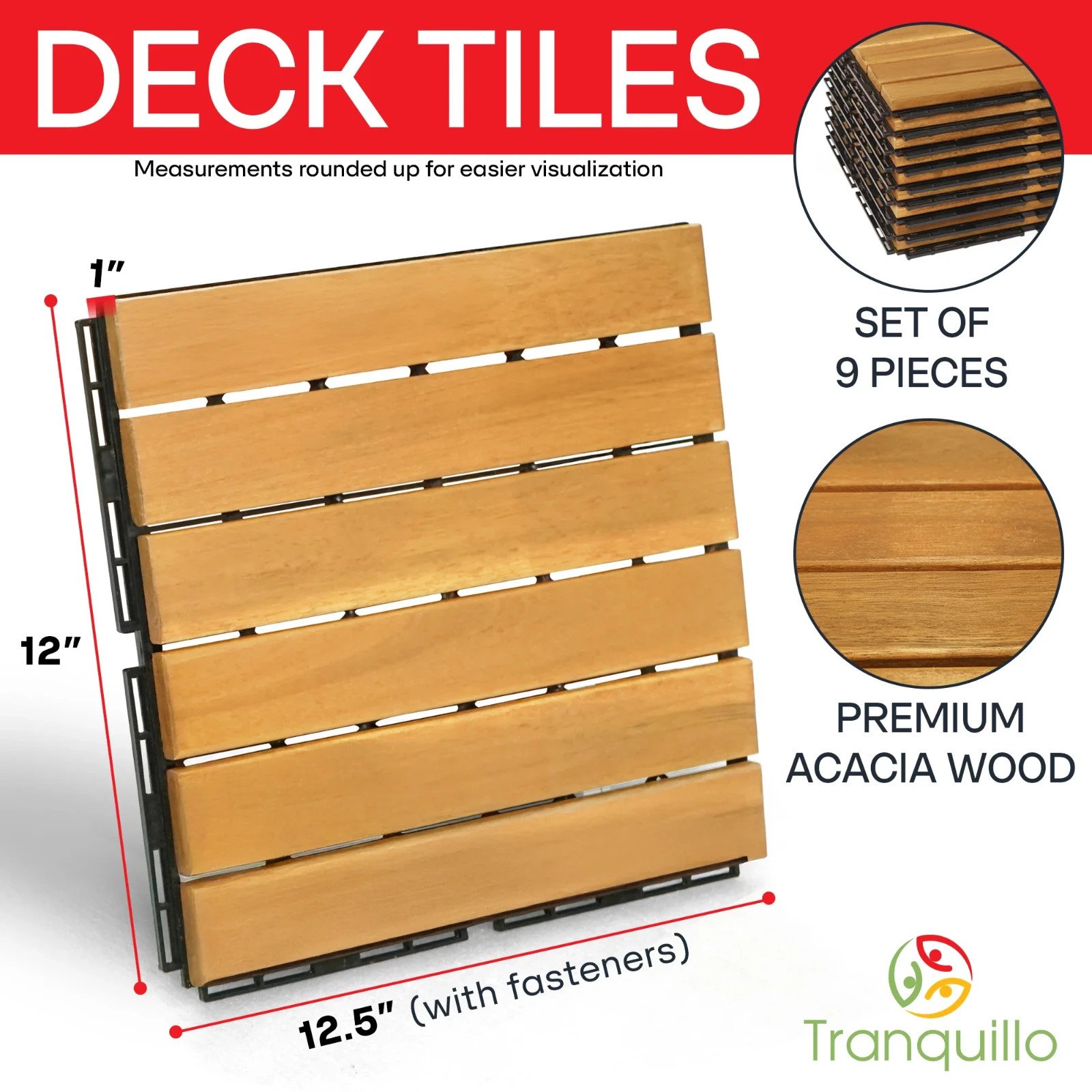 Solid Wood Deck Tiles 6 Slat – SET 9 Pcs – 12”x12”