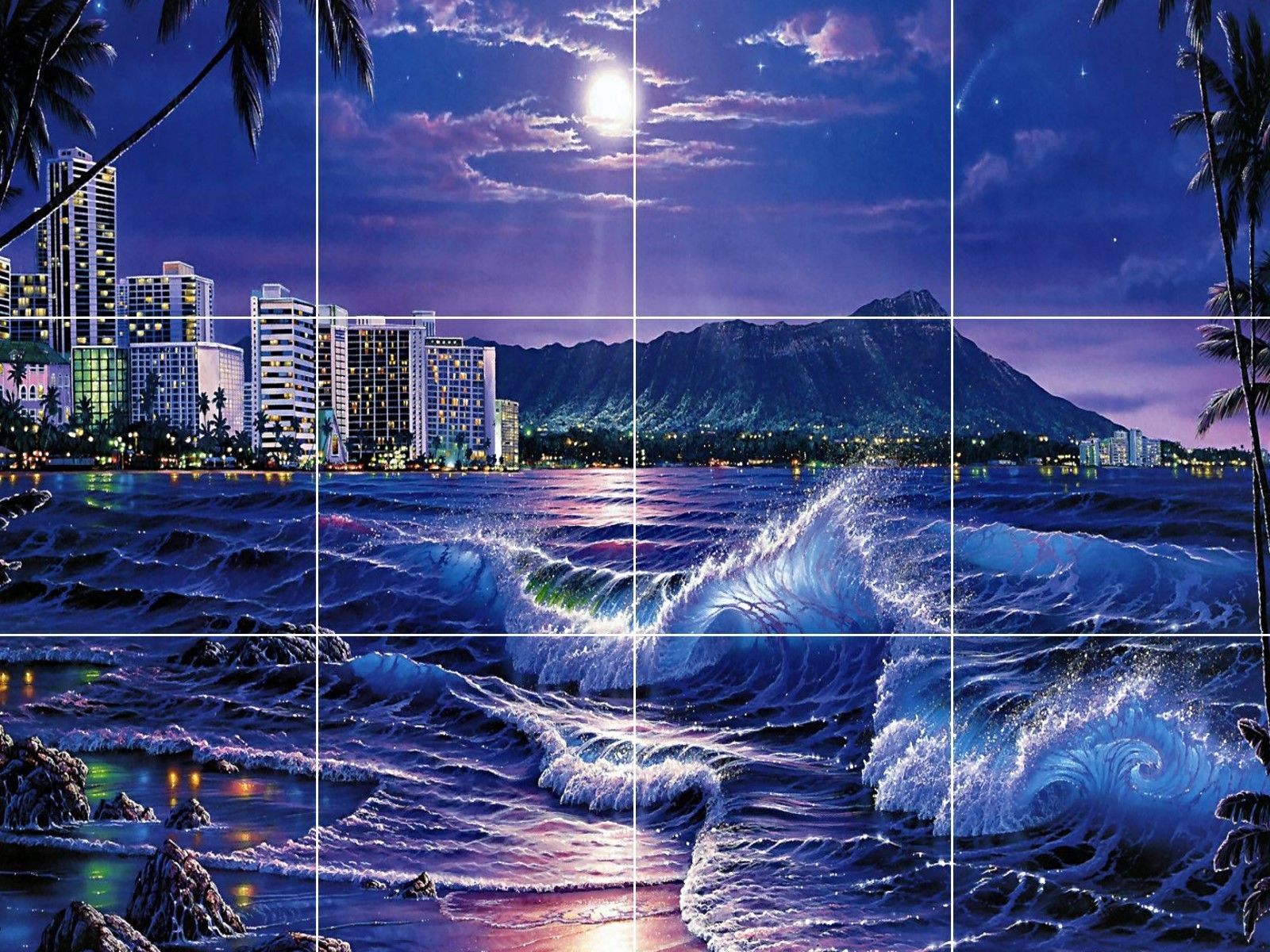 Moonlight tropical beach sea at night city skyline ceramic tile mural backsplash