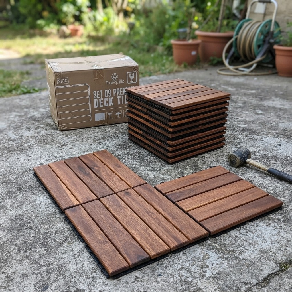 Easy DIY Acacia Wood Patio Tiles – Non-Slip, 9 Pcs for Indoor/Outdoor Use
