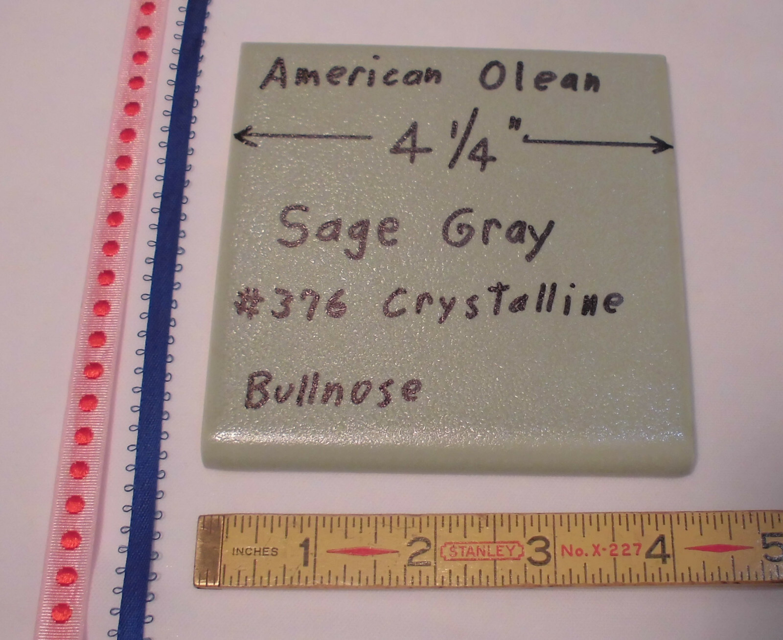 1 pc. *Sage Gray-Green* Crystalline Ceramic Bullnose Tile 4-1/4” American Olean