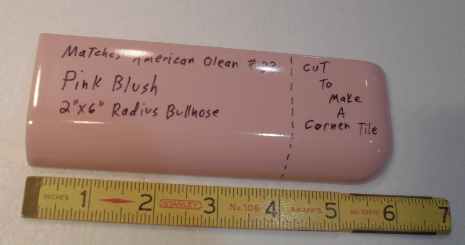 1 pc. Pink Blush Color: 2″ X 6″ Ceramic Radius Bullnose Corner Tile or 2″ X 2″