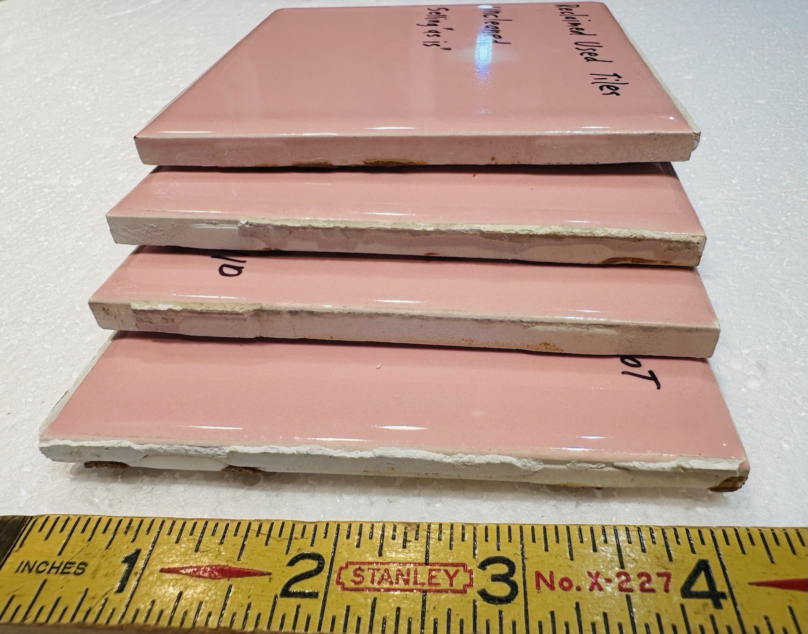 4 Corallin Pink Ceramic Tiles: by Wenczel Co. Used; all uncleaned & needs work
