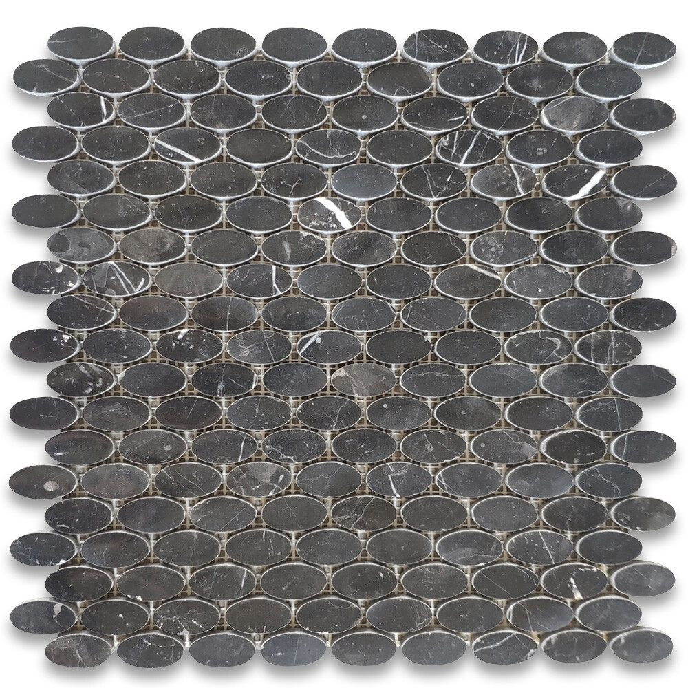 N94XP Nero Marquina Black Marble 1-1/4×5/8 Oval Ellipse Mosaic Tile Polished