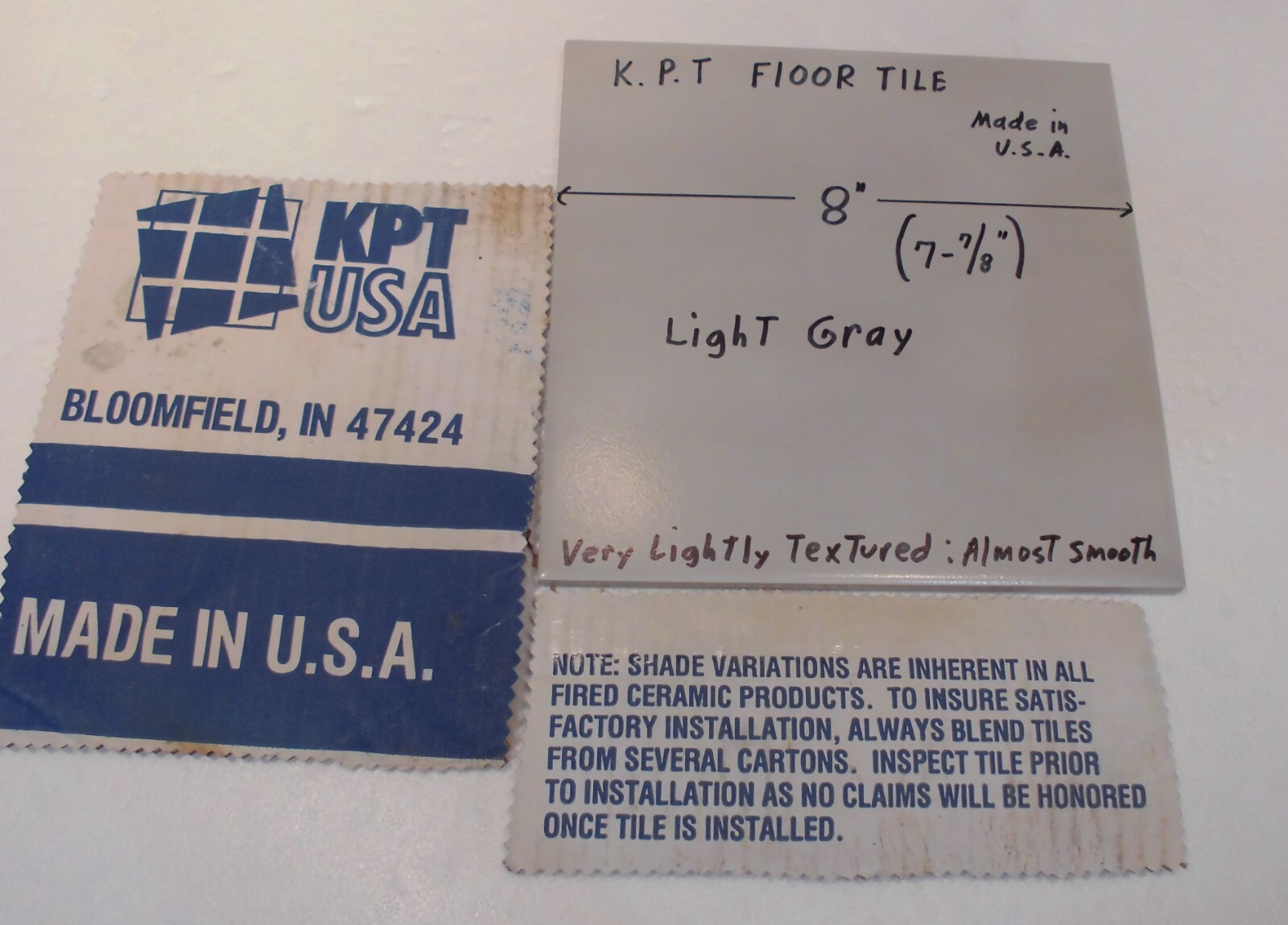 1 pc. Light Gray Ceramic Floor Tile: 8″ X 8″ Smooth, Made USA by K.P.T. NEW