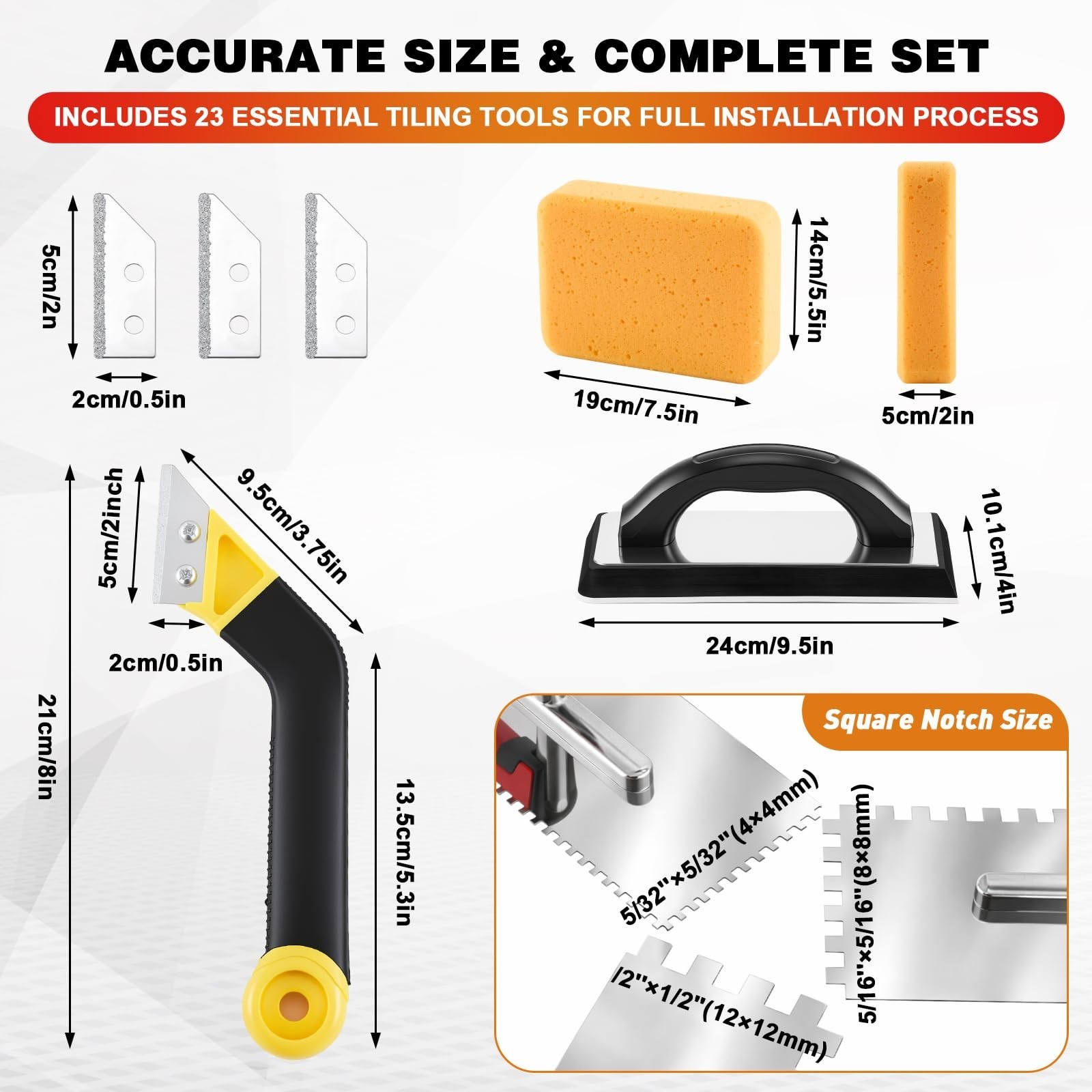 23 Pcs Tile & Grout Tool Set, Caulking Remover, Stainless Steel Trowel, Sponge,