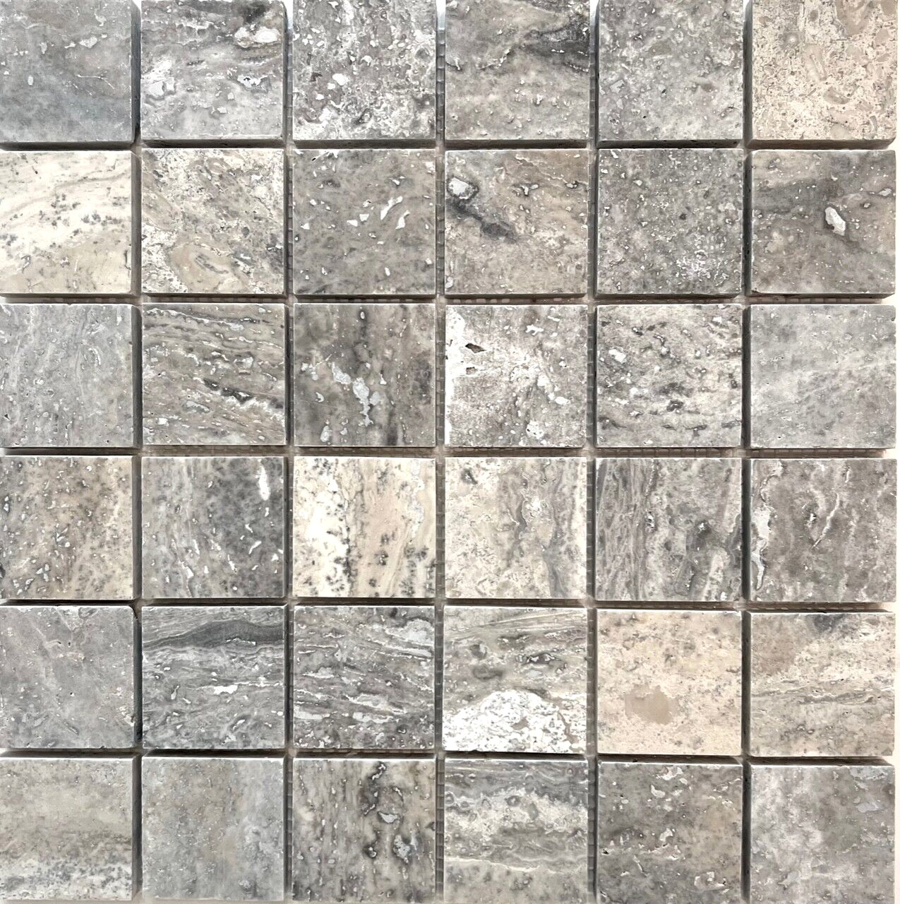 2×2 Silver Premium Honed Filled Travertine Mosaic Tile Floor Wall (Box of 10)