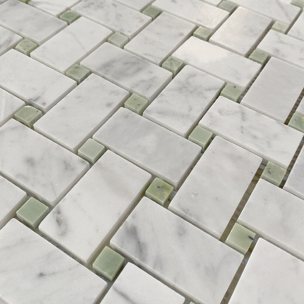 C652XH White Carrara Marble 1×2 Basketweave Mosaic Tile Green Dots Honed