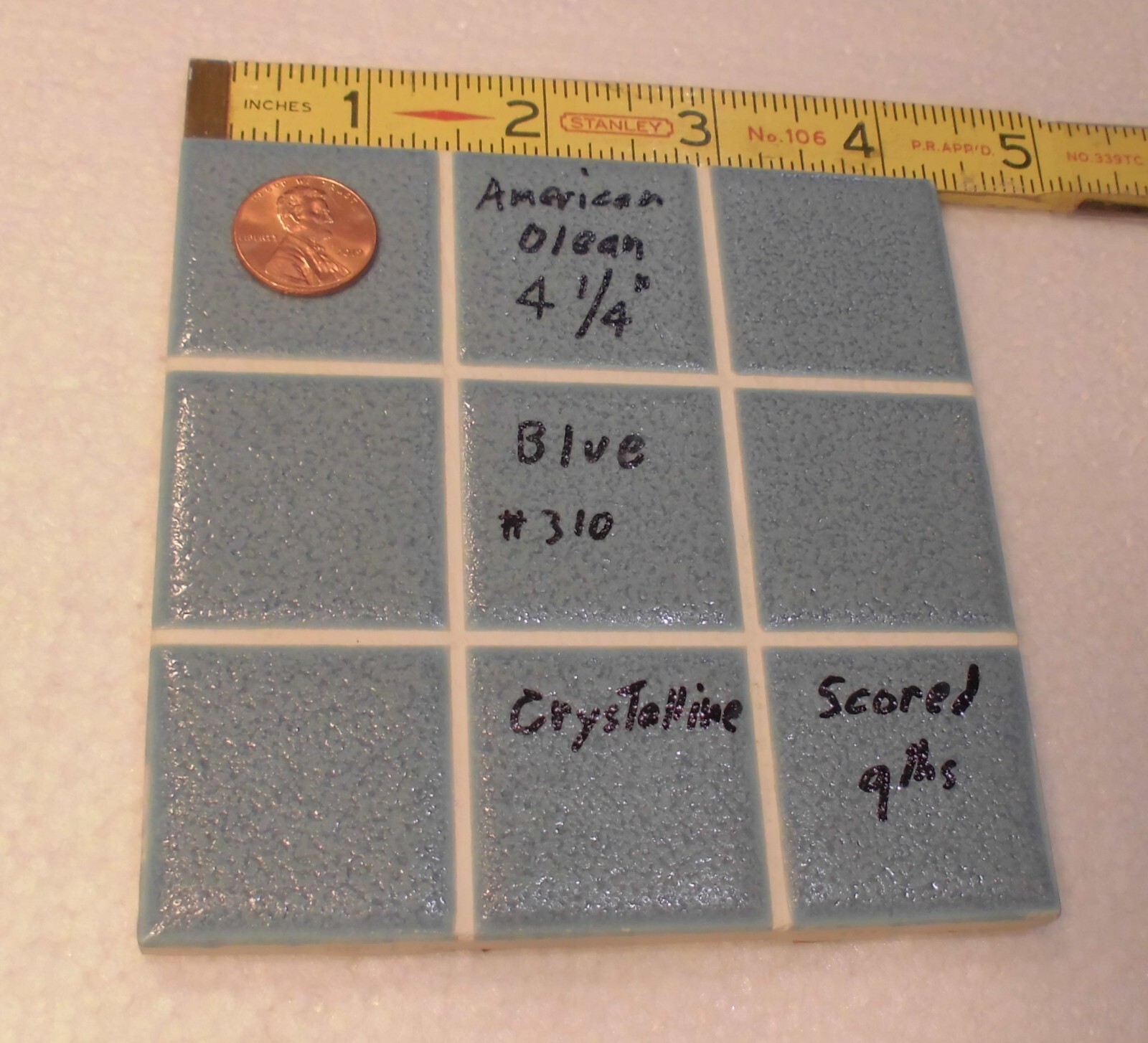 1 pc. “Blue” Scored in 9ths, Crystalline Ceramic Tile: American Olean…4-1/4″