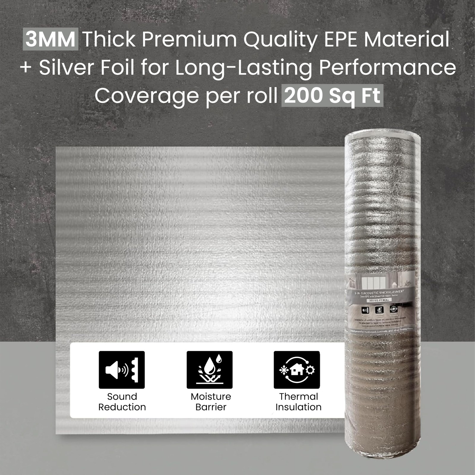 3-in-1 Acoustic Premium Floor Underlayment – 200 sqft Roll – 3mm Thick EPE wi…