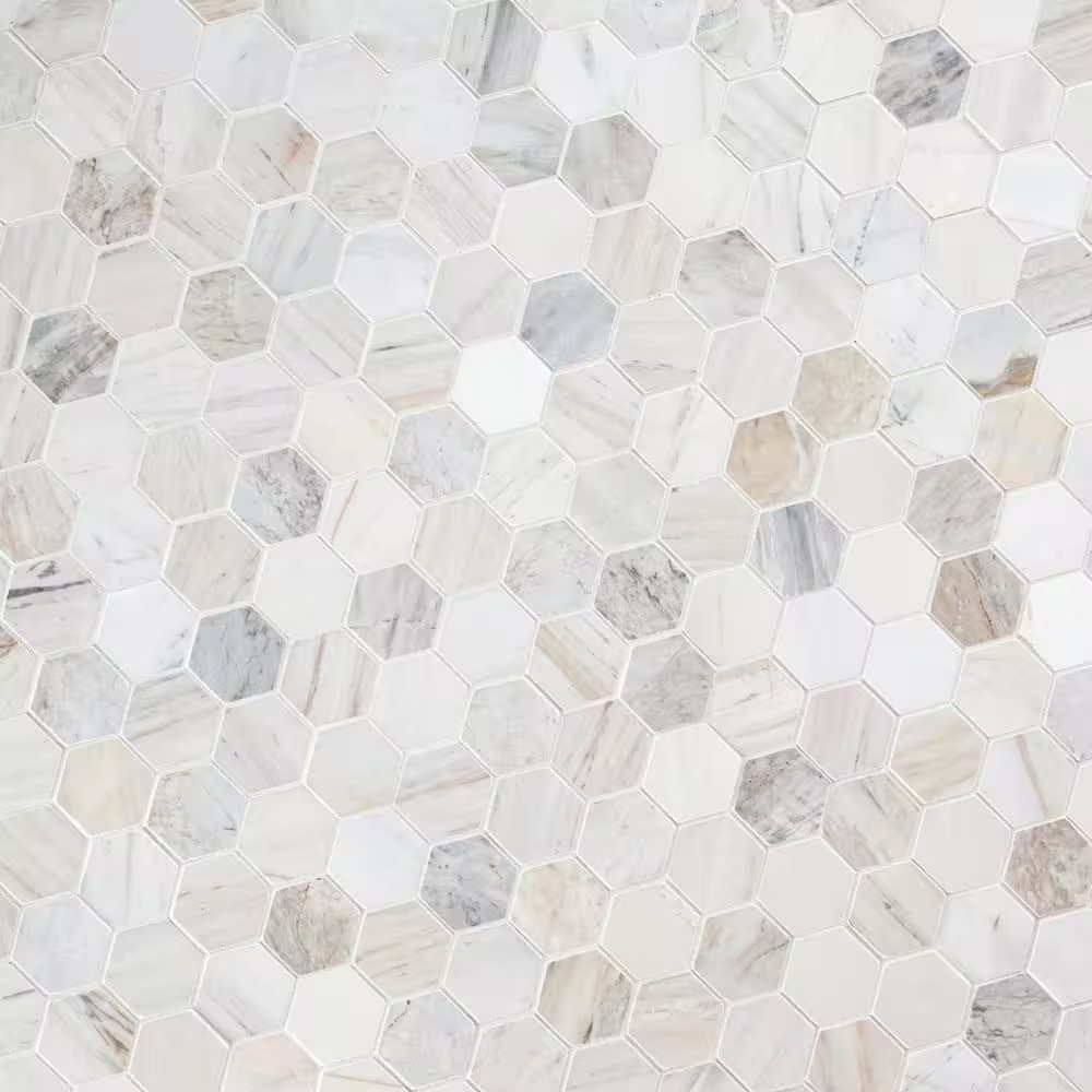 Angora 2 In. Hex 12 In. X 12 In. X 0.38 In. Polished Marble Mesh Mounted Mosaic