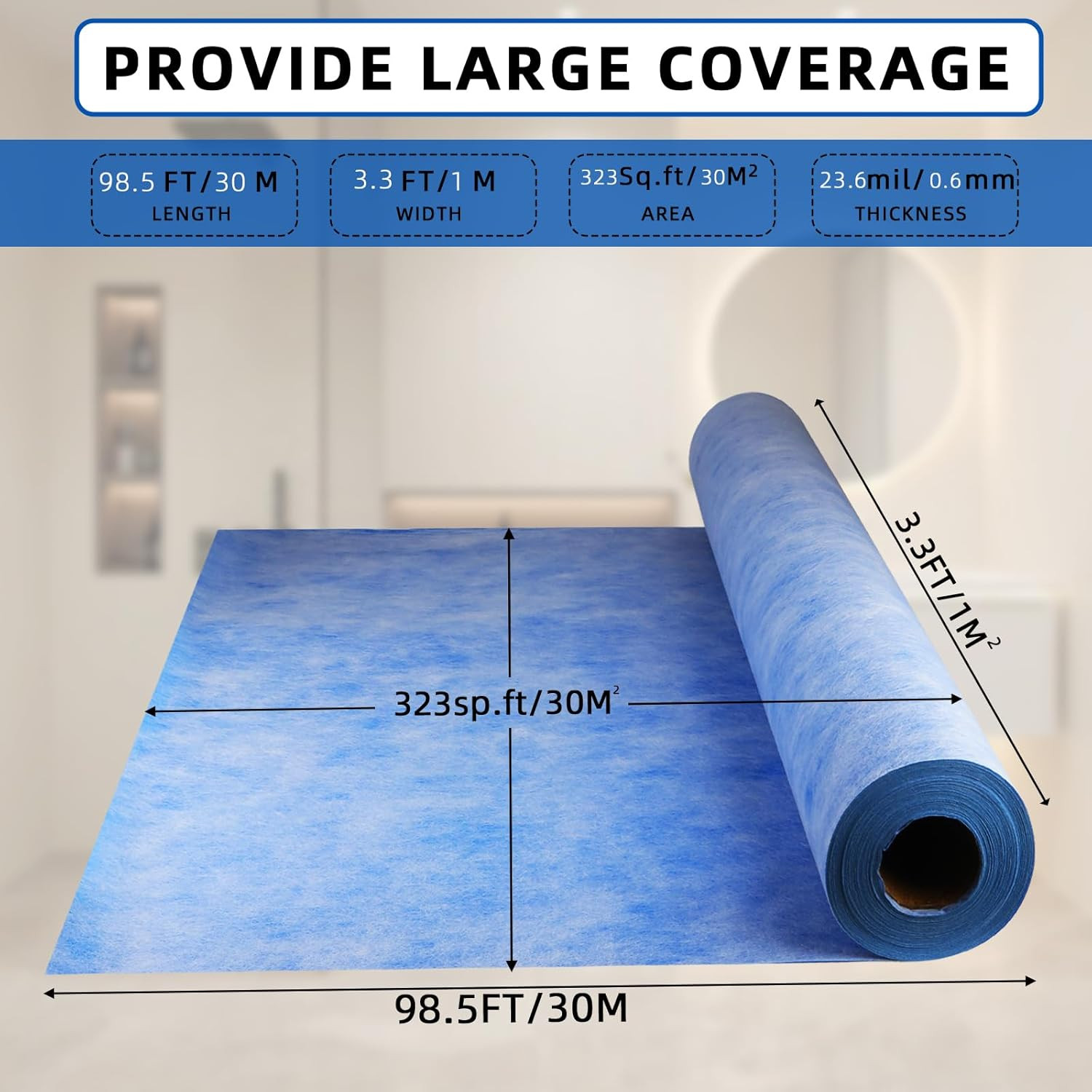 Waterproof Membrane for Shower – 3.3FT X 98.5FT, 323 Sq Ft, 23.6 Mil Thick Blue