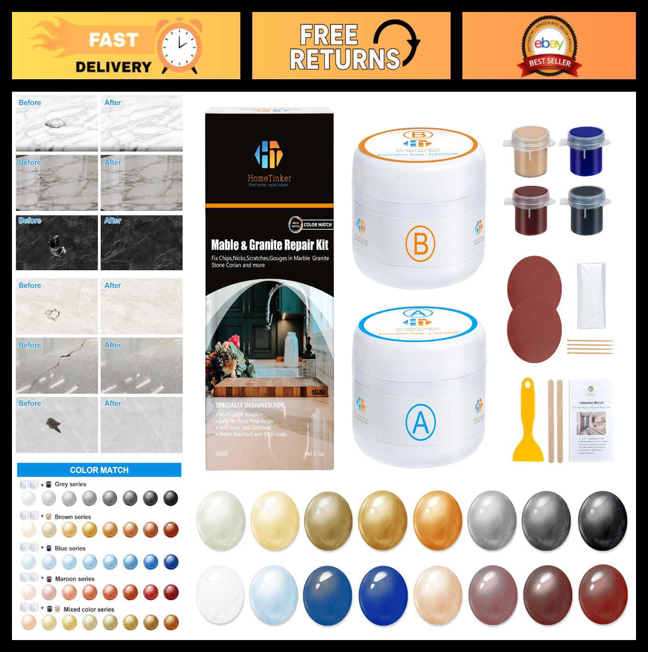 Premium Marble Granite Quartz Repair Kit for Chips, Cracks, Holes & Scratches