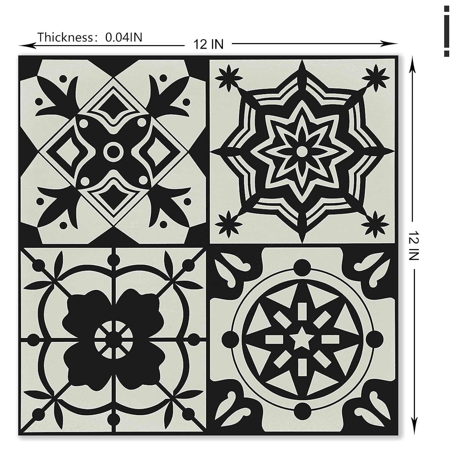12″x12″ Black Boho Peel and Stick Floor Tile Waterproof Vintage Gothic Vinyl