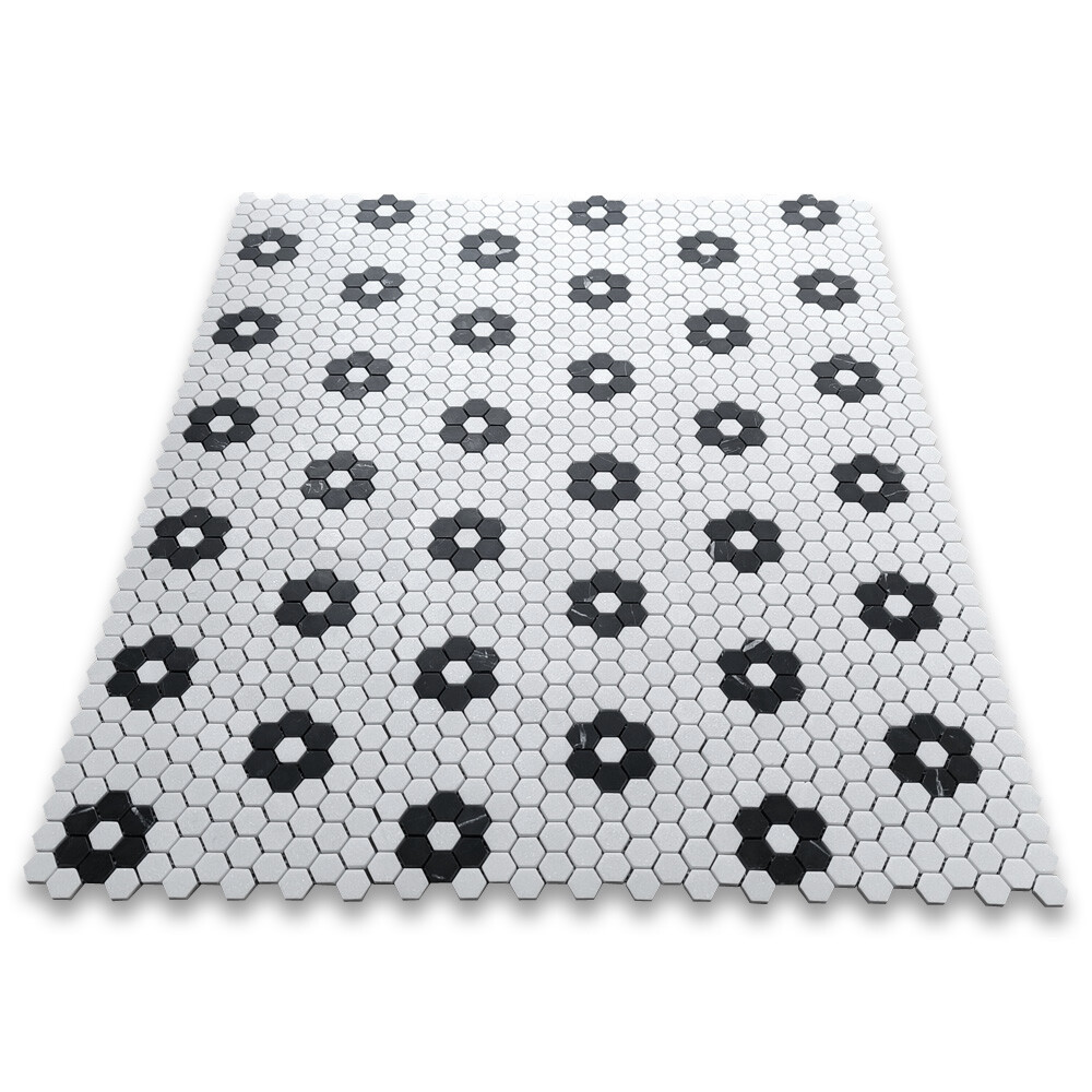 T31F1XH Thassos White Marble Hexagon Rosette Mosaic Tile Nero Marquina Black
