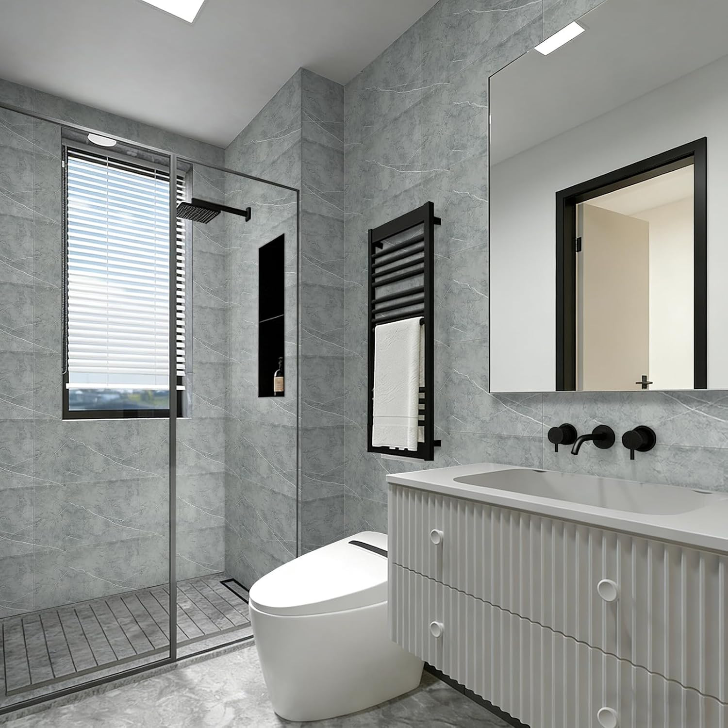 10Pcs Grey Marble Wall Panels 23.6″X11.8″ PVC Waterproof Tiles Peel and Stick Wa