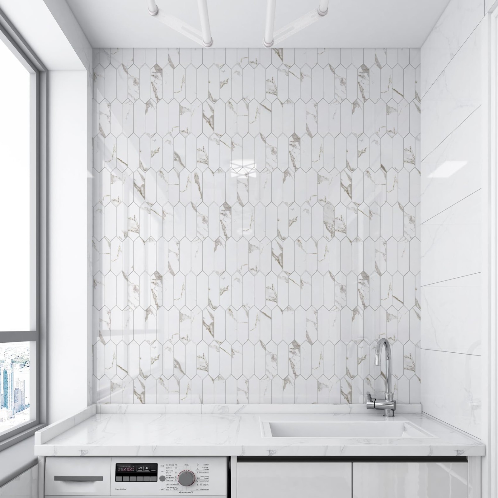 Glossy White Marble Peel and Stick Backsplash Tile with Gold Veining, 12.8″ Hexa