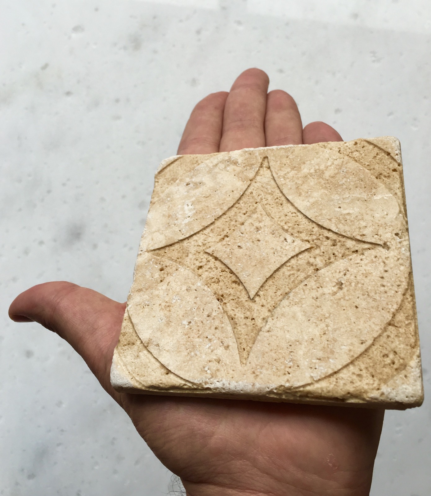 Walnut Tumbled 4×4 Circa Carved Handmade Travertine Stone Decor Tile Backsplash