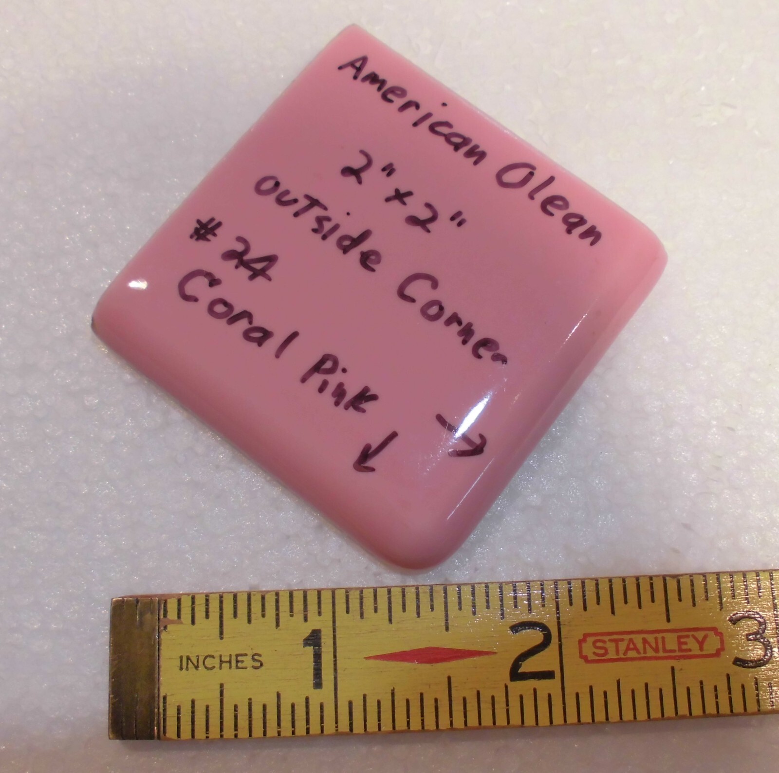 1 pc. Coral Pink: 2″ X 2″ X 5/16″ Glossy Ceramic Surface Bullnose Corner Tile