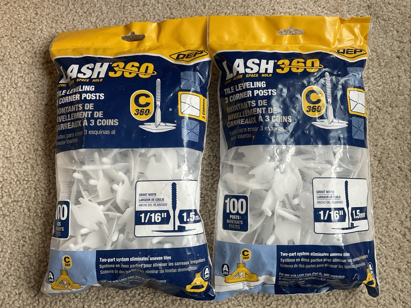 2 x 100-Pk (200 Total) QEP 3-Corner Tile Leveling Stems 1/16″ 99736 – NEW Sealed
