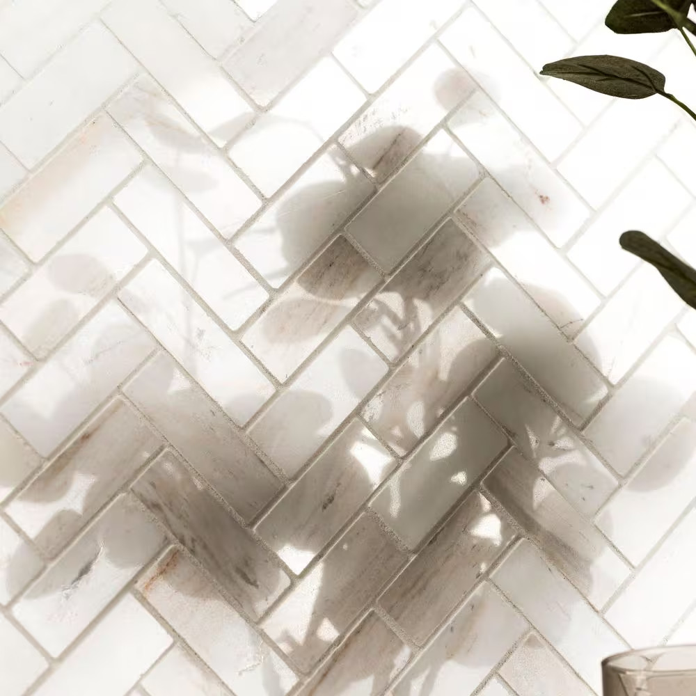 Angora Herringbone 12 In. X 12 In. X 0.38 In. Polished Marble Mesh-Mounted Mosai