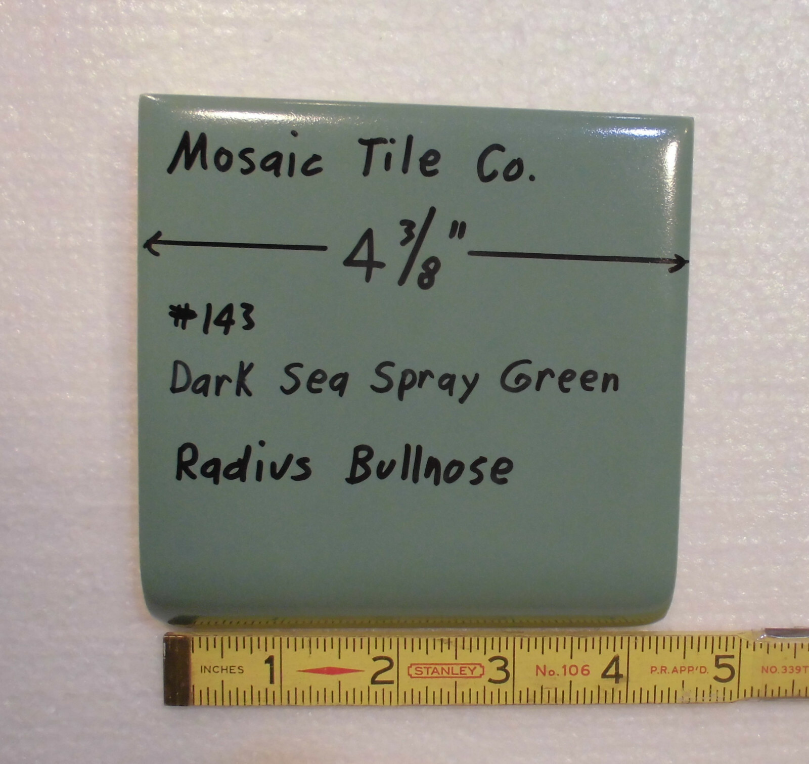 1 pc. Dark Green; Matte Radius Bullnose Ceramic 4-3/8″; by Mosaic Tile Co. NOS