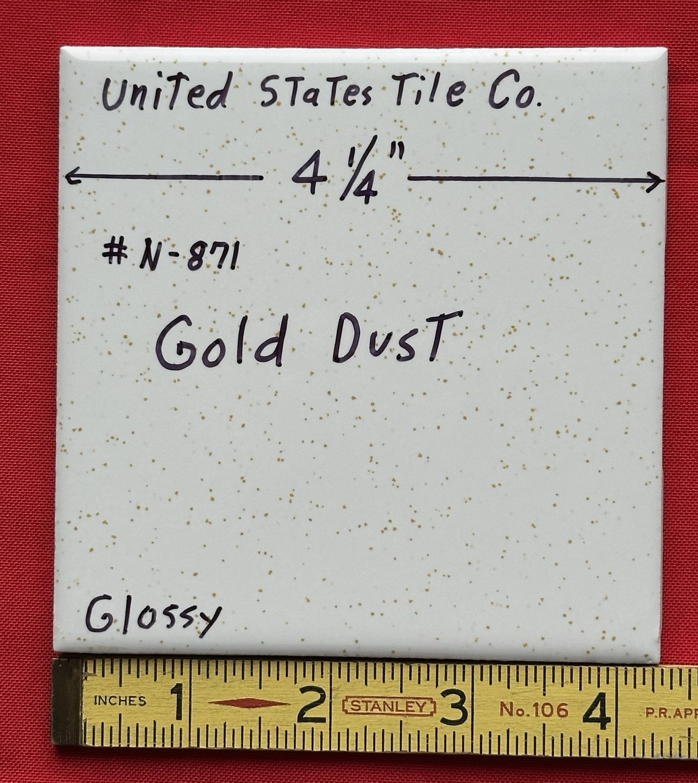 1 pc. Gold Dust: 4-1/4″ Gloss White Speckled Gold Ceramic United States Tile Co.