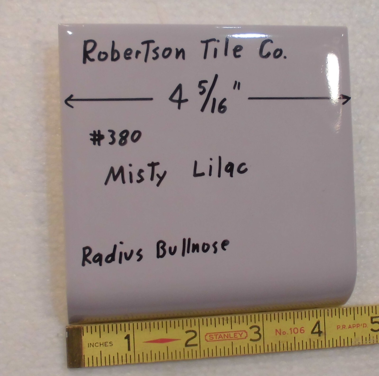 1 pc. Radius Bullnose; Misty Lilac: Glossy Ceramic Tile by Robertson 4-5/16″