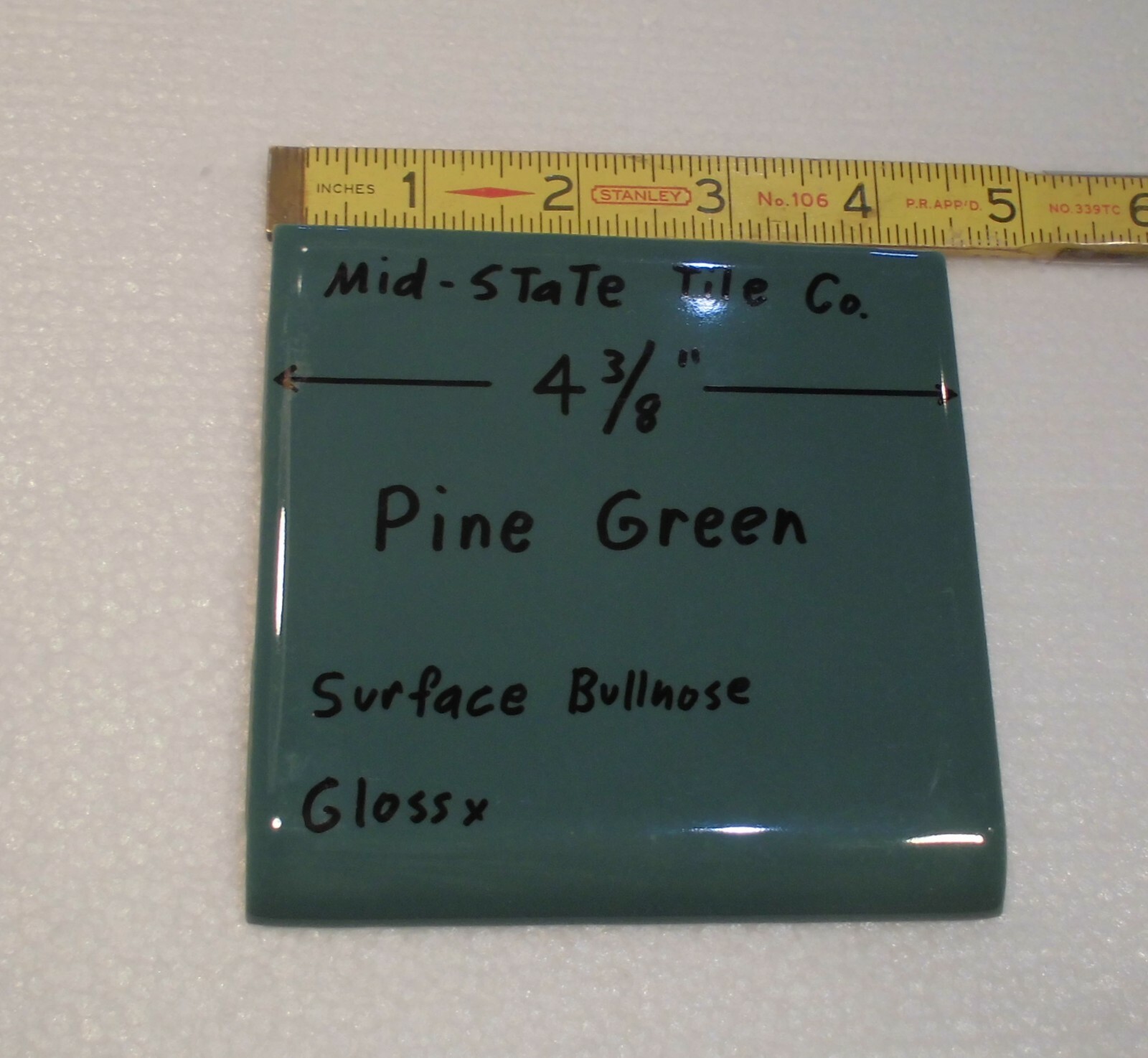 1 pc. *Pine Green* Bullnose Ceramic Tile 4-3/8″ by Mid-State Co. Glossy NEW