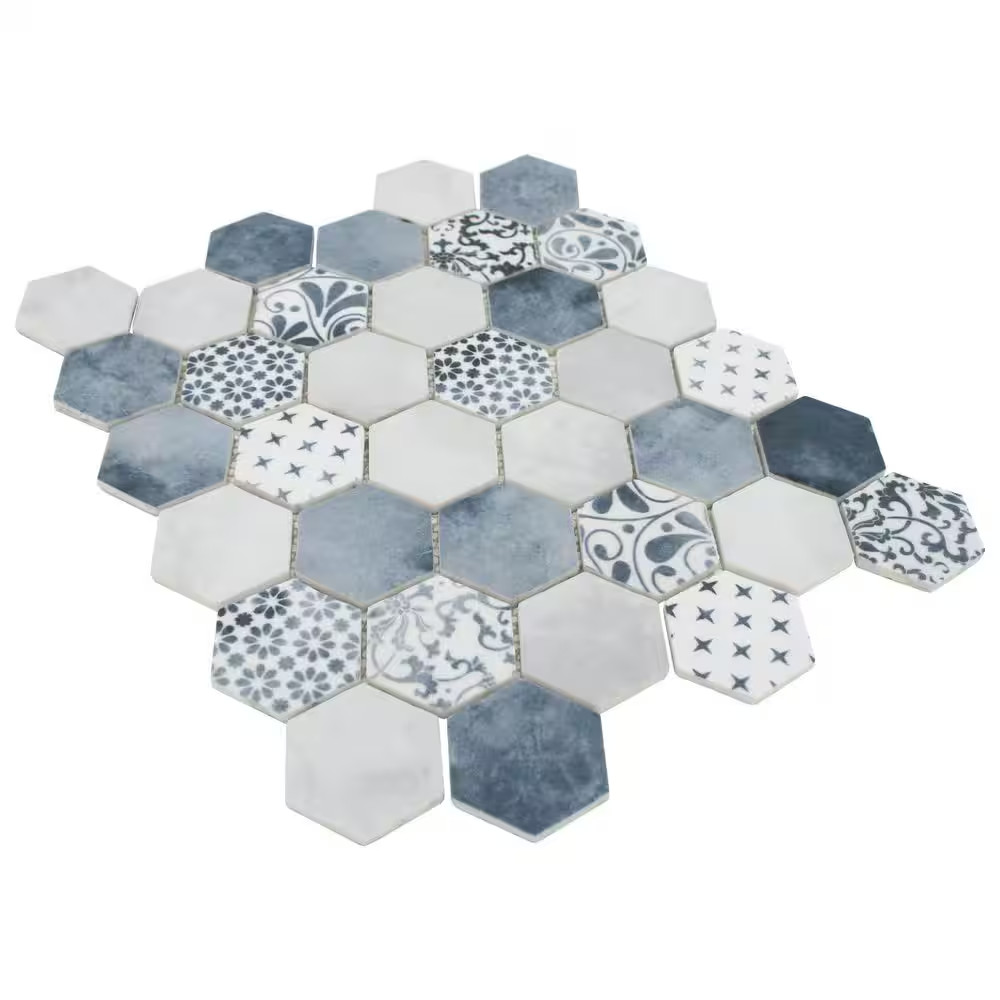 Concrete Blue Hexagon 11.7X10.2In. Mosaic Backsplash. Recycled Glass Cement Look