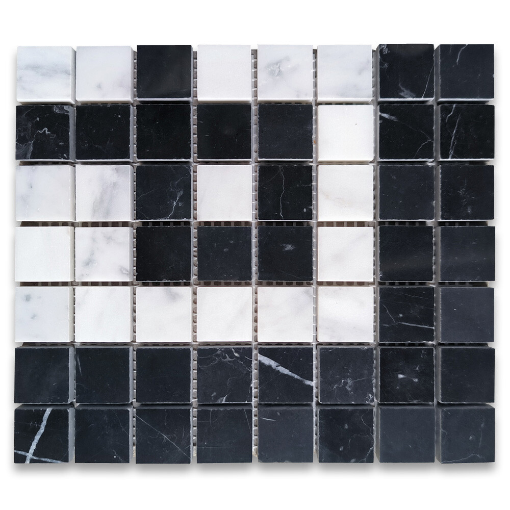 C24C2XP Carrara White Marble Greek Key Mosaic Corner Tile Nero Black Polished