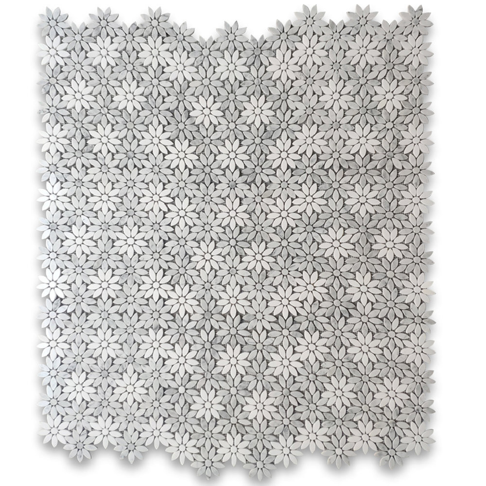 C9D5XP White Thassos Carrara Marble Daisy Flower Floral Mosaic Tile Polished