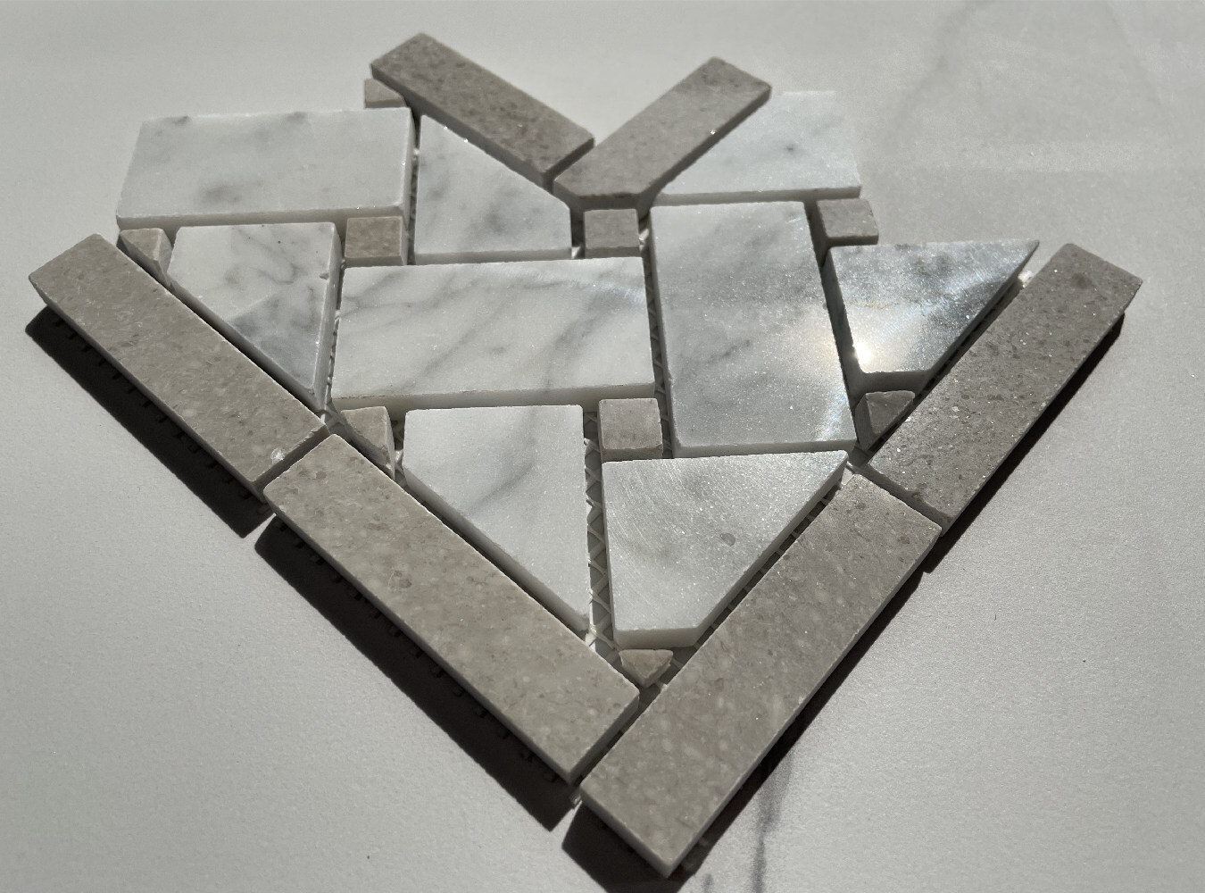 C653CXP Carrara White Marble 4×4 Basketweave Mosaic Corner Gray Dots Polished